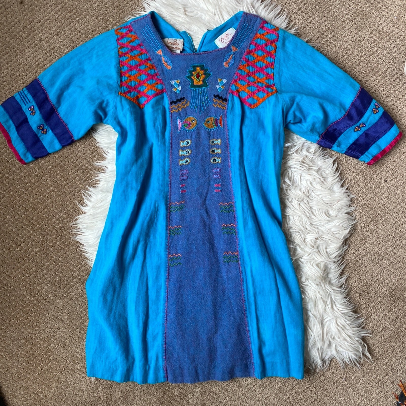 Vintage Embroidered Mexican Dress Womens Medium Carlott Irene Pulos Boho Ethnic