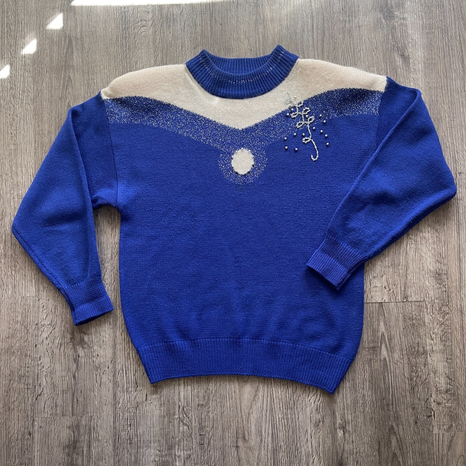 Vintage 90s Koret Royal Blue White Silver Beaded Yoke MockNeck Sweater Size Med