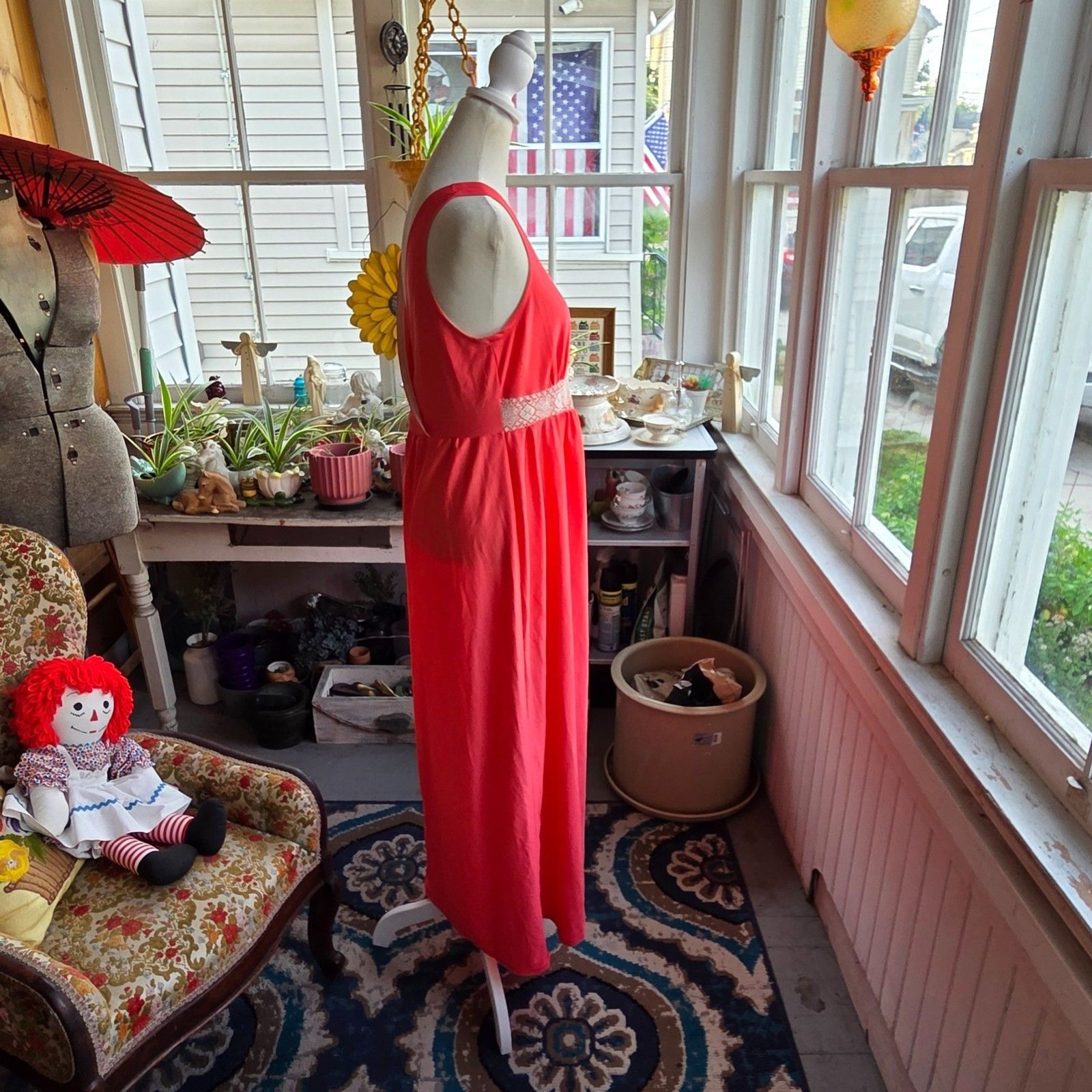 Vintage 1970s Coral Red Nylon Nightgown Maxi Gown Lace Empire Waist Medium