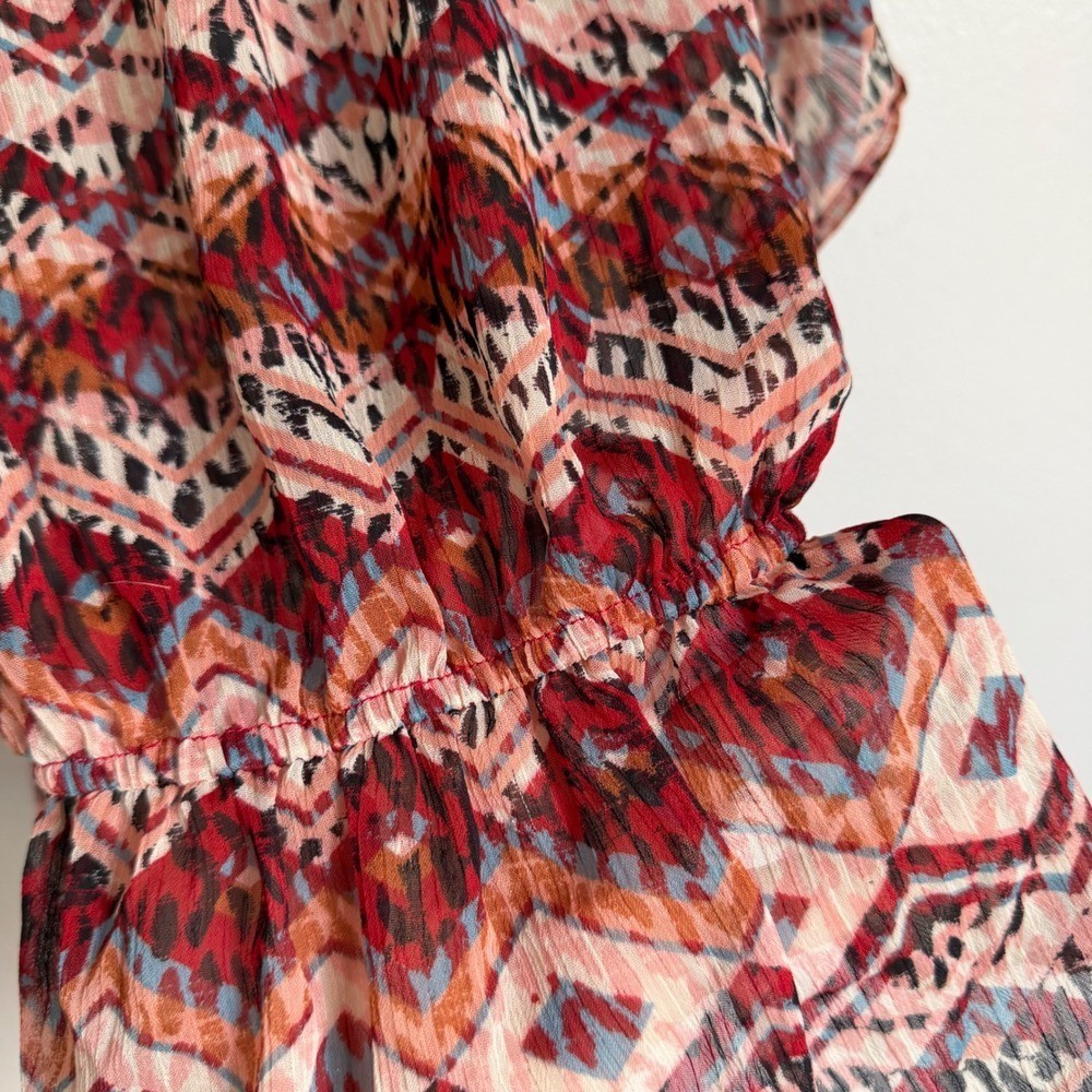 Vintage Y2K FANG Red Geometric Tribal Print Flutter Sleeve Peplum Chiffon To L