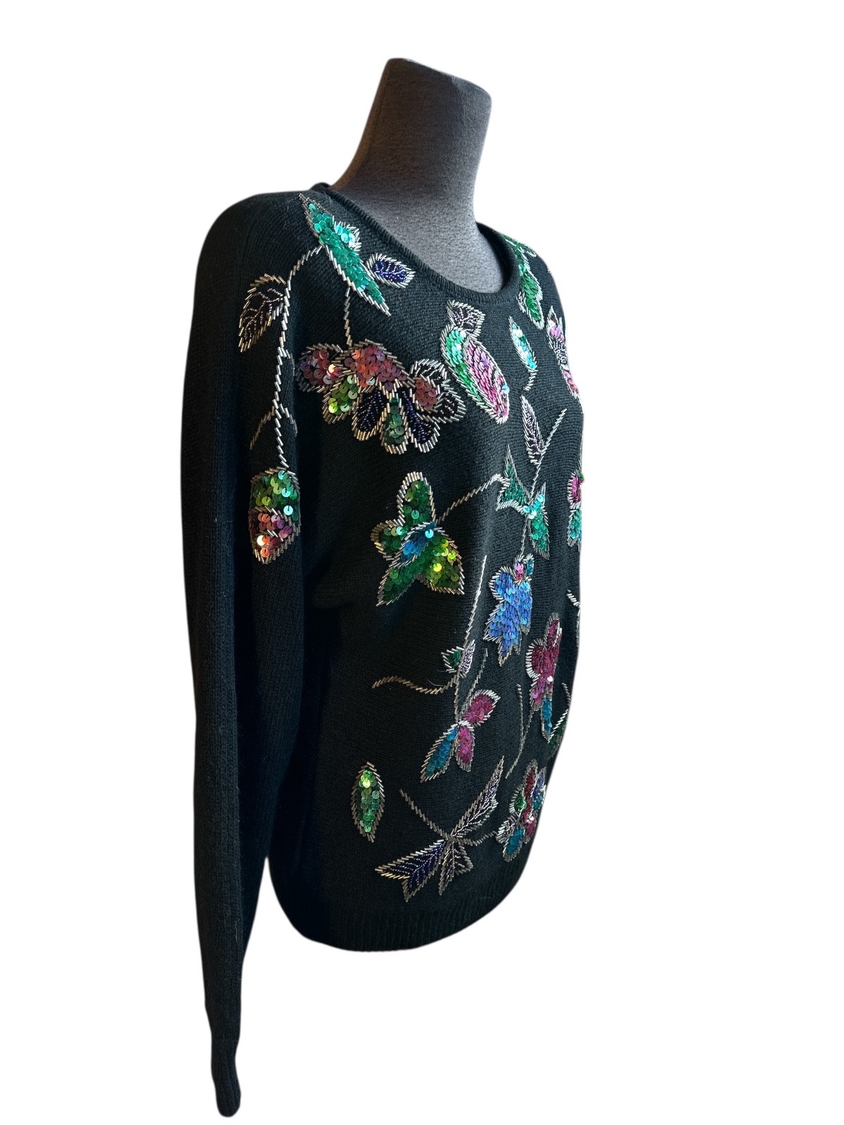 90s Vintage Gladys Bagley Womens Small Floral Sequin Beaded Holiday Knit Sweater