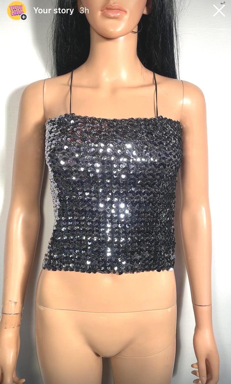 Vintage 70’s/80’s Gun Metal Sequin Tube Top With Spaghetti Straps Size M