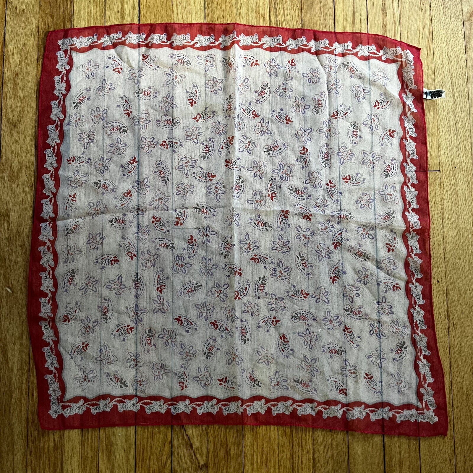 VTG Kmart 27” Sq Paisley Scarf Red White Purple Japan Polyester Translucent
