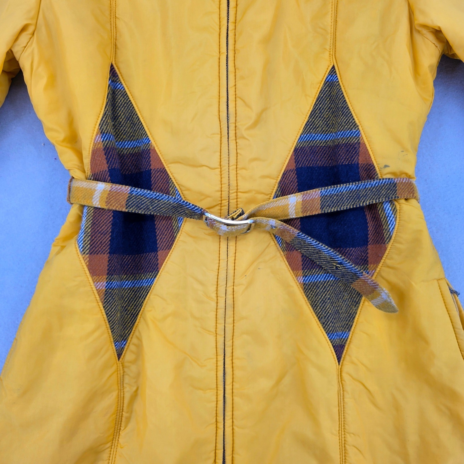 Vintage Aspen Skiwear Yellow Plaid Belted Parka Jacket Hooded 70s Sugarbush Tag