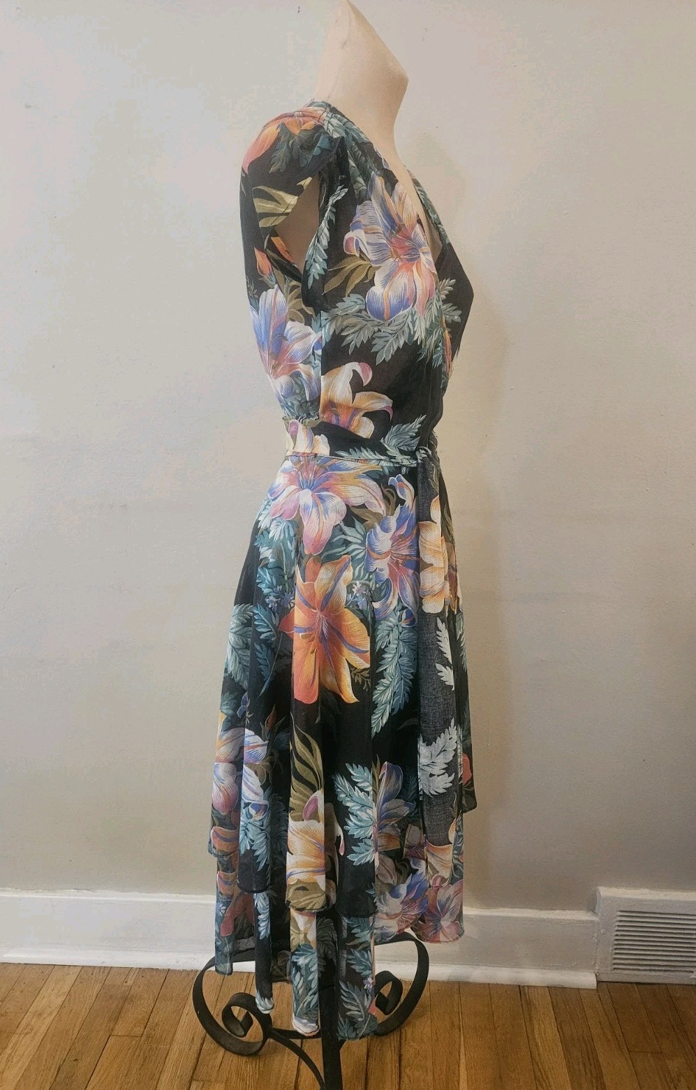 Vintage 1940s Cotton Voile Hawaiian Floral Black Tiered Wrap Dress