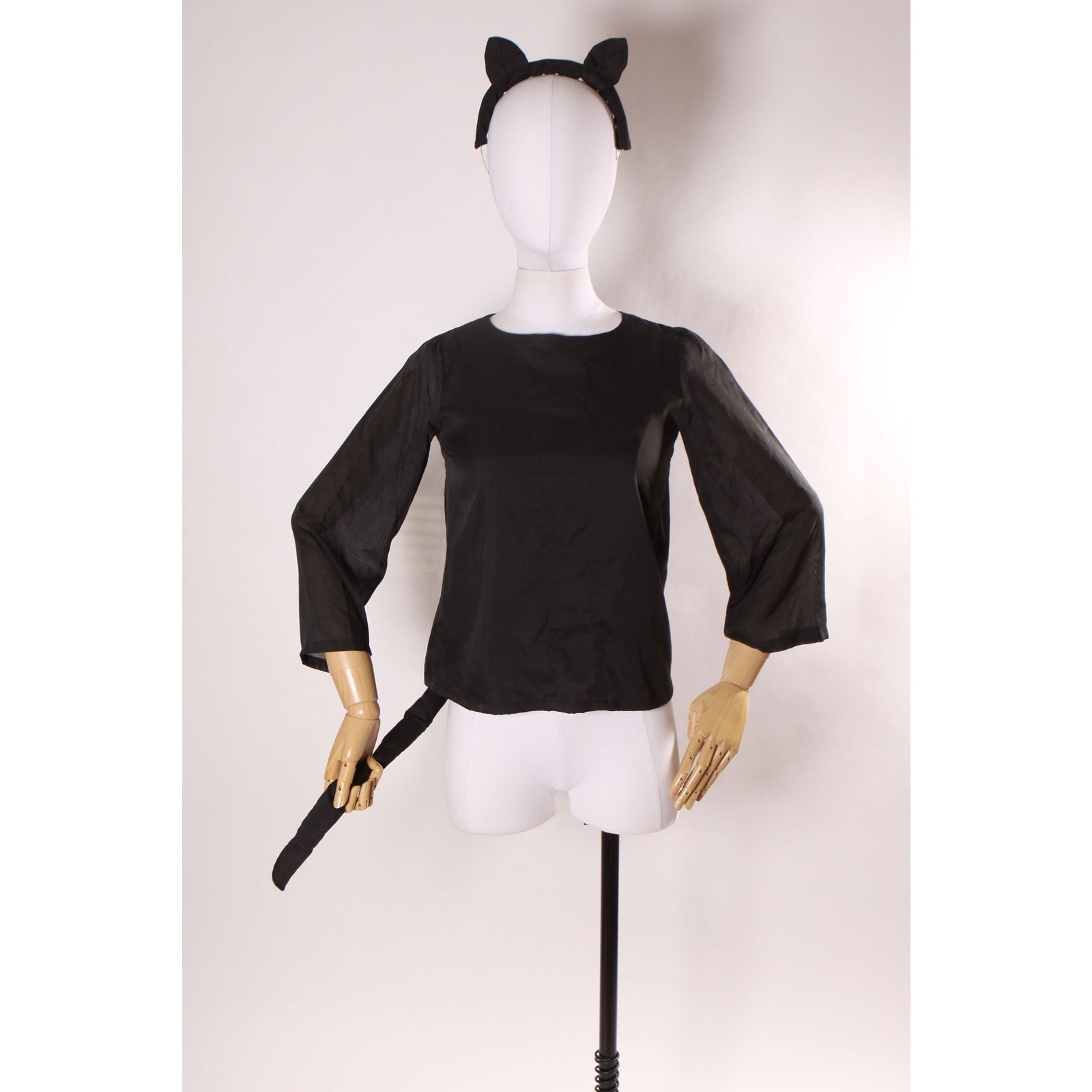 1970s Black Cat Long Sleeve Blouse with Cat Ear Headband Halloween Costume