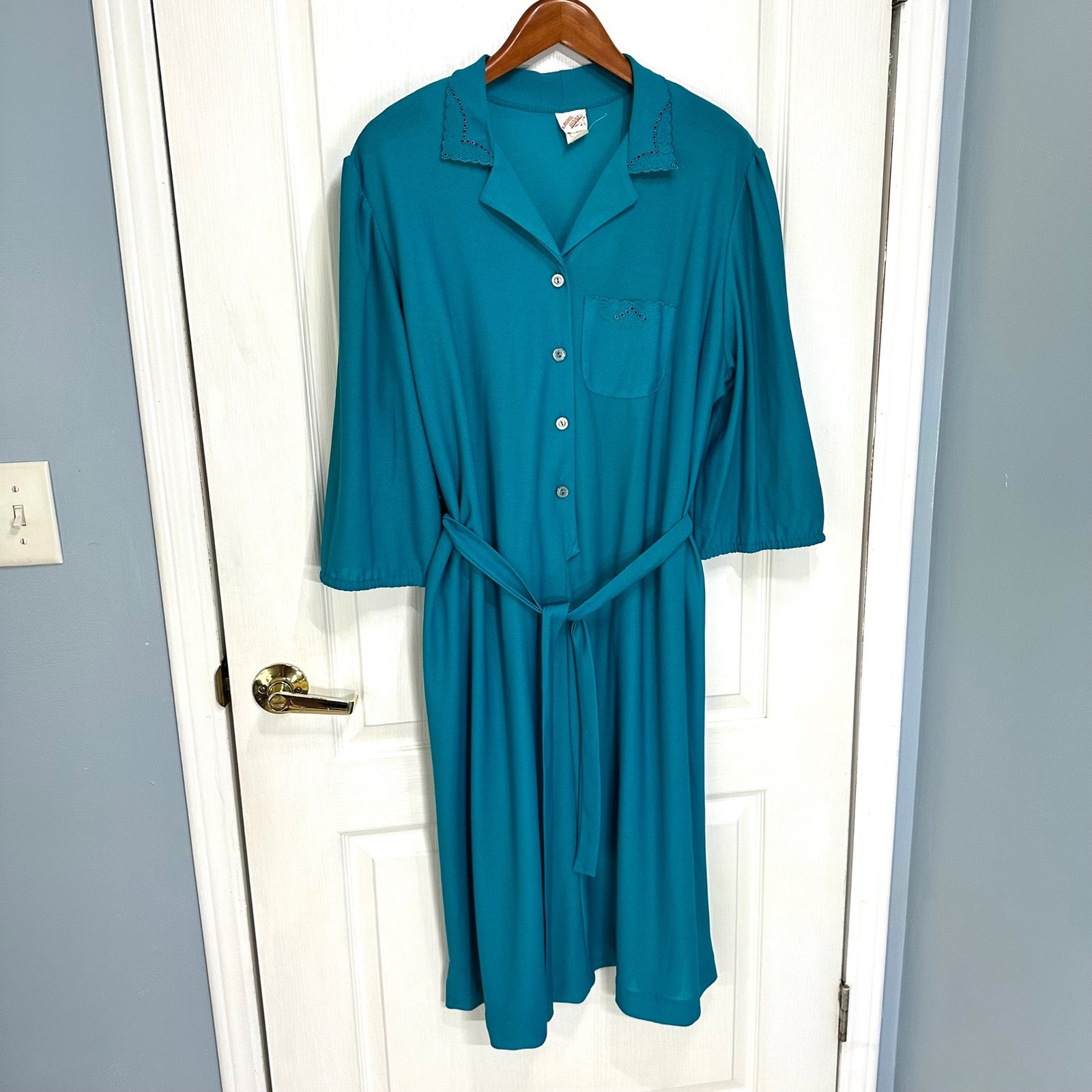 Vintage Laurel Ridge Teal Blue Button Front Belted Dress Eyelet Trim Size 22.5