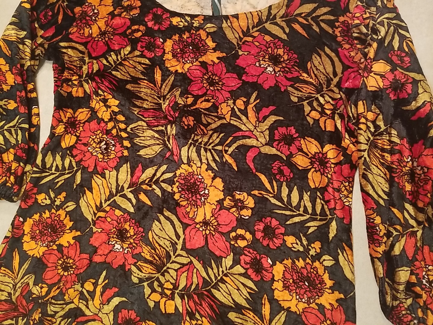 Vintage 1970s Handmade Mini Dress Orange Red Floral Design Zipper Closure Velvet