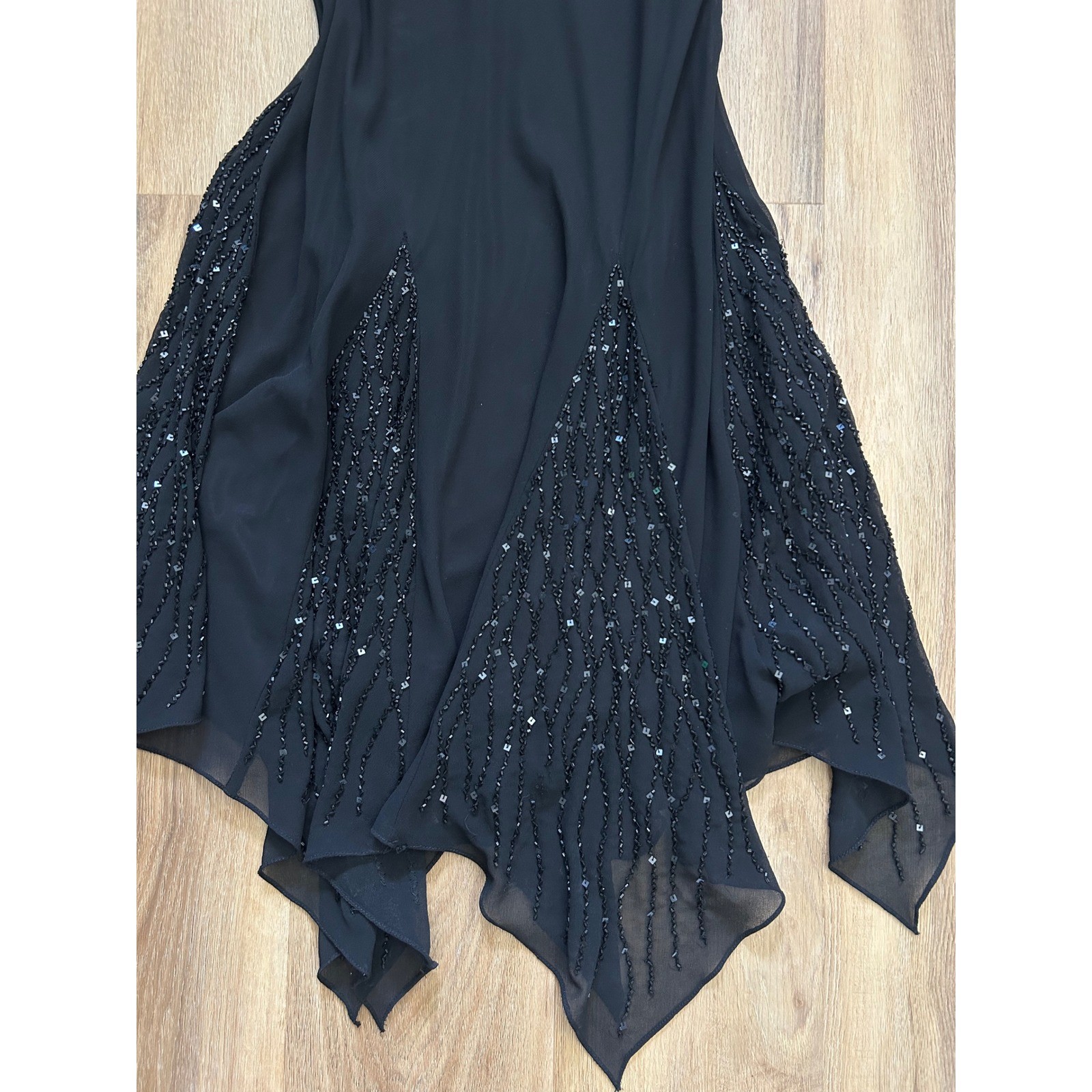 Vtg Black Beaded Handkerchief Hem Dress 16 Whimsigoth Fairycore Dark romantic
