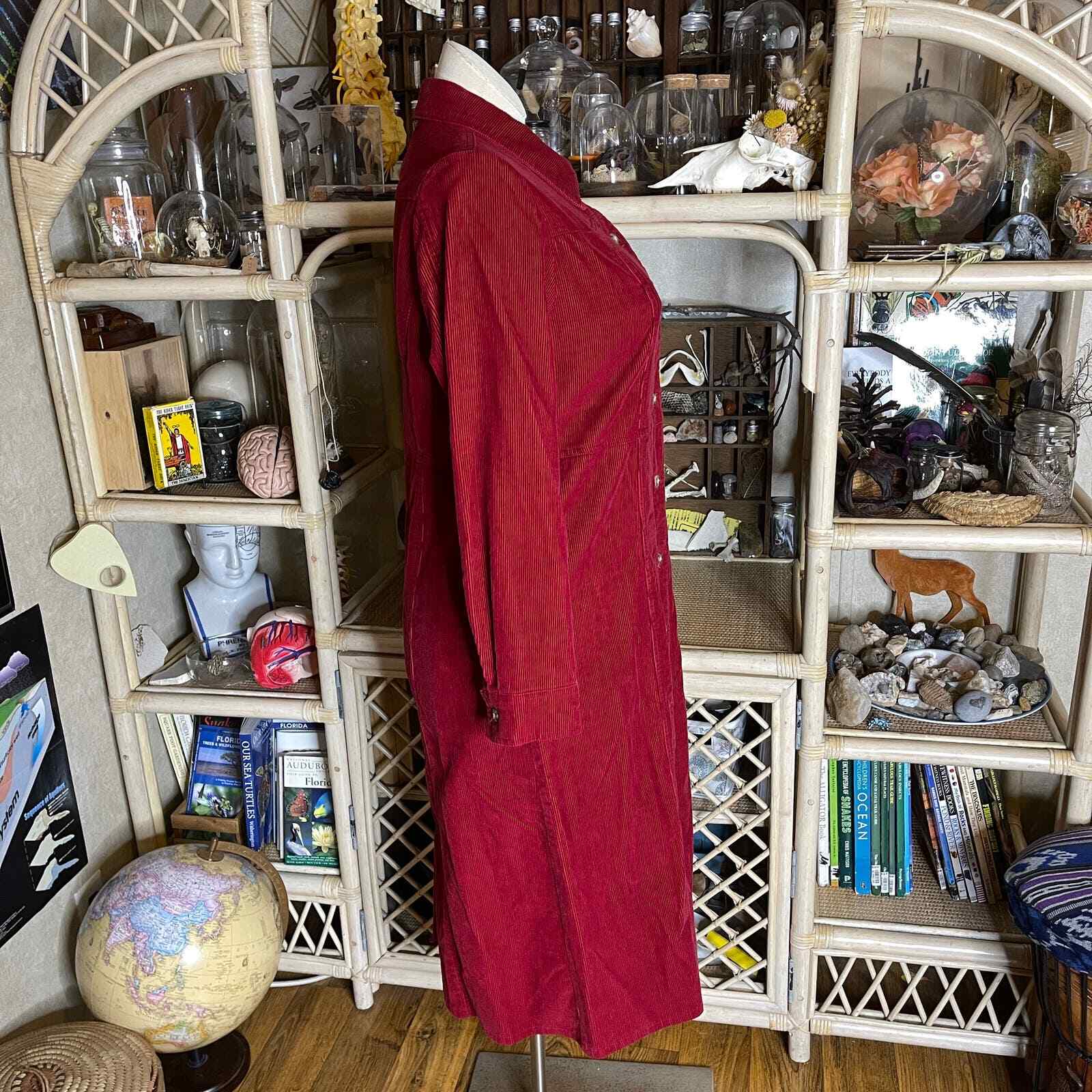 Vintage 90s Red Corduroy Dress Long Sleeves Button Front Midi Chelsea Studio 14P