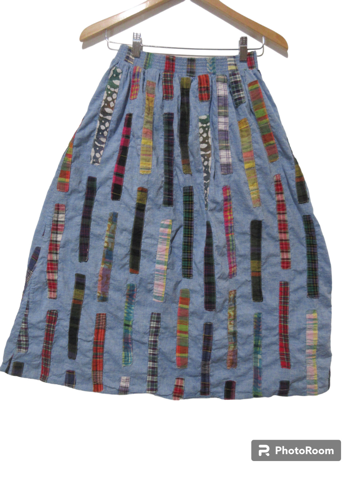 Sz 10 S M VTG Sunny South Sport USA PATCHED Festival Chambray Skirt Hippie Y2K
