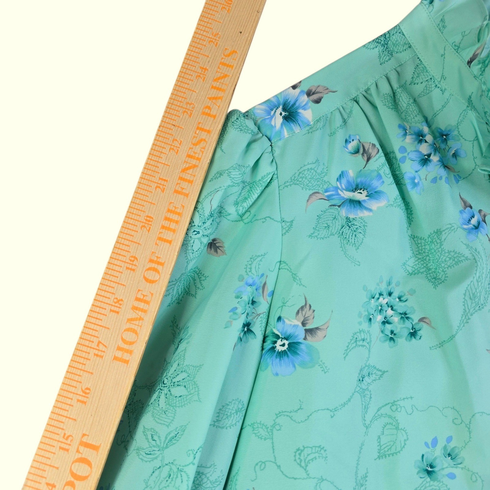 Vintage Floral Ruffle Blouse Womens 8 Mint Green Victorian Style Pastel Grandma