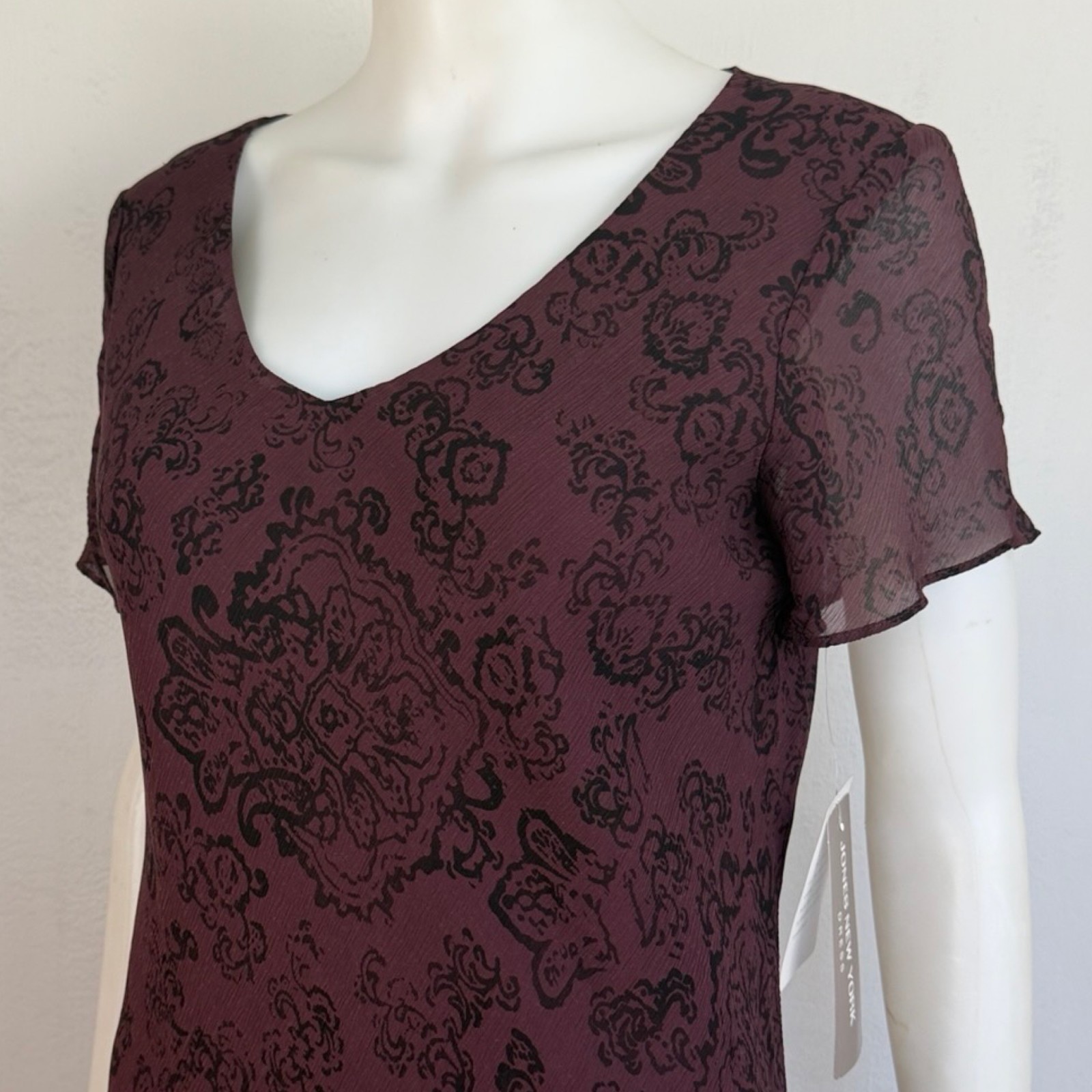 Vintage Bias Cut Silk Dress Size Small 90s Purple Filigree Damask Print Wiggle