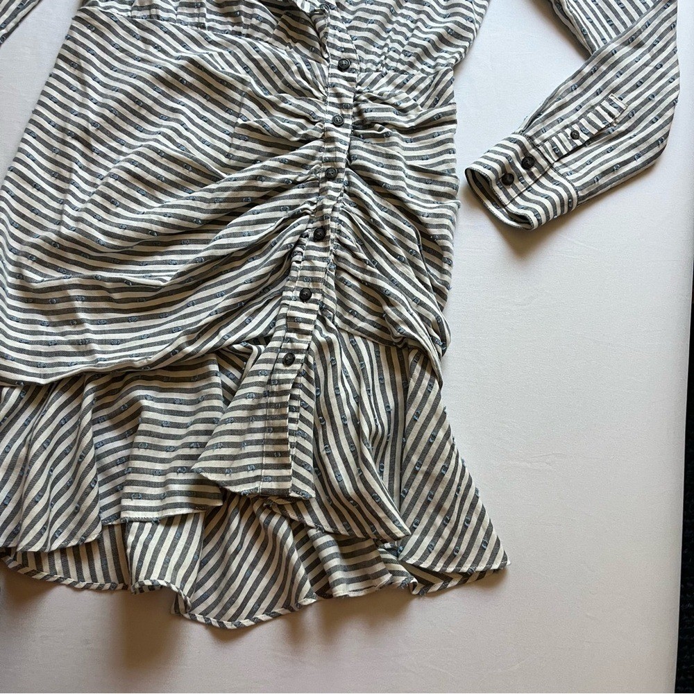 VERONICA BEARD ivory grey striped Swiss dot ruffle button up long sleeve mini