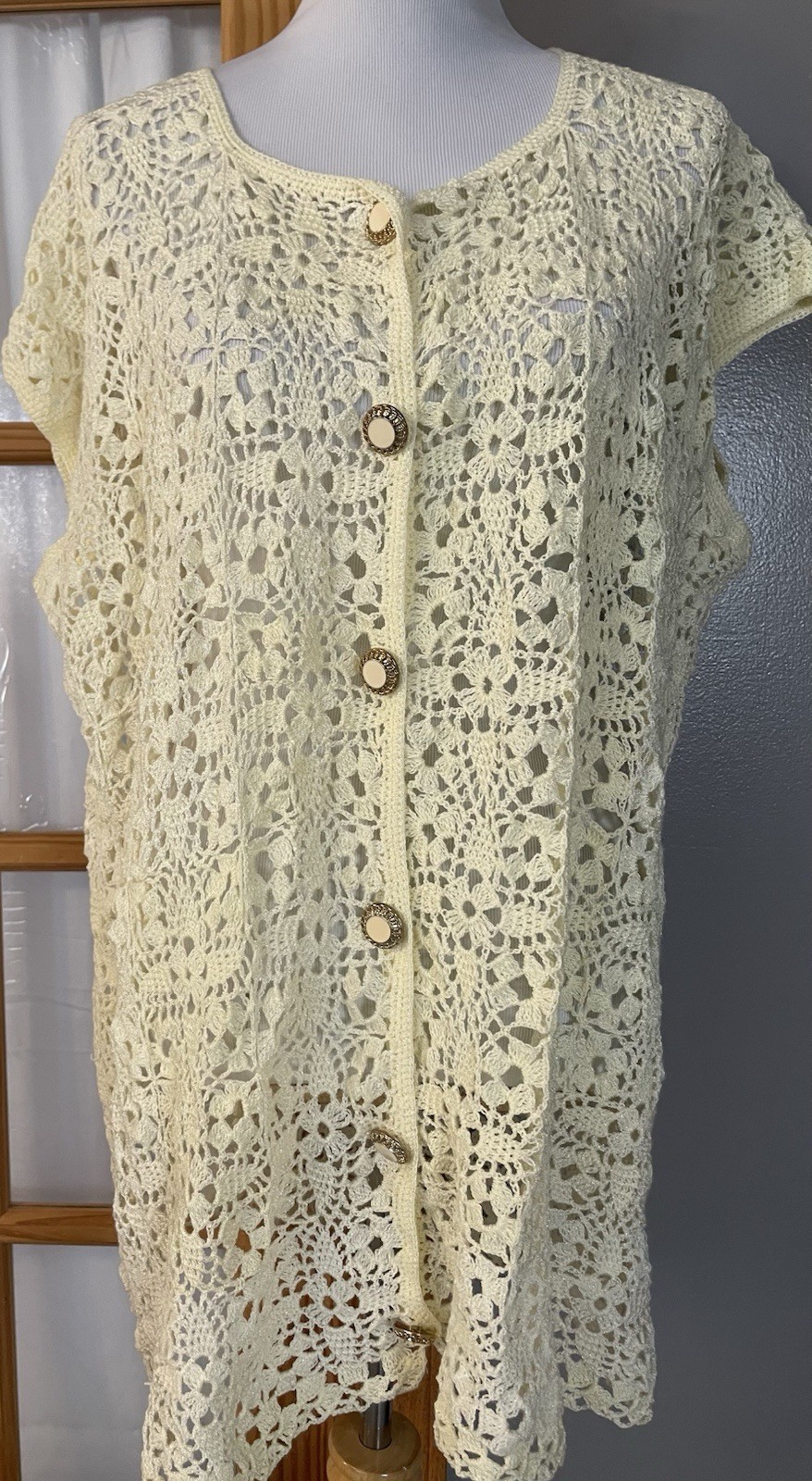 Vintage 70s Hand-Crocheted Cardigan XL Open Knit Acrylic Buttons Country Coastal