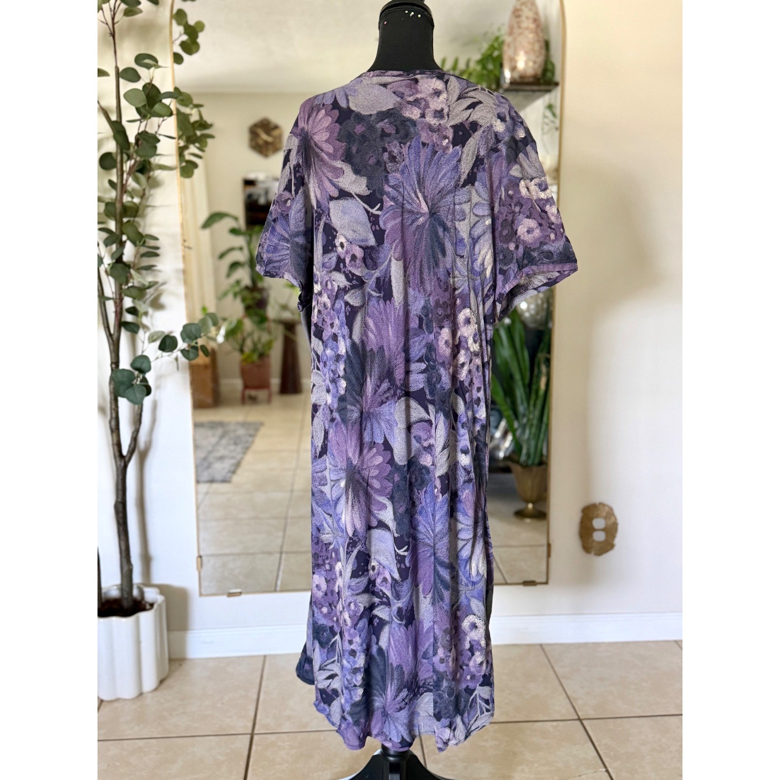 90s Vintage Moody Botanical Floral Scoop Neck Shift Dress XL