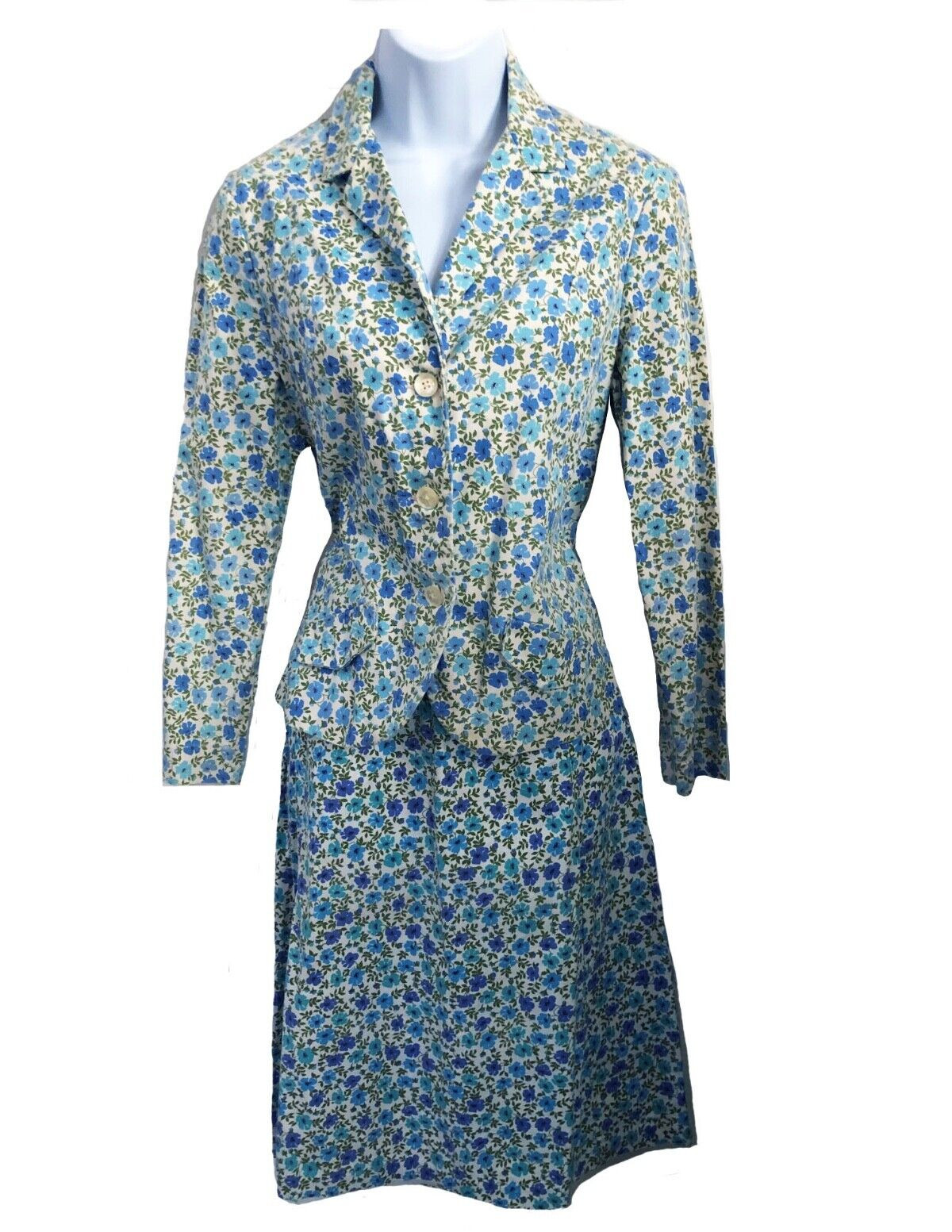 Century of Boston Classic Genuine 1960s VTG Blue Floral Preppy Cotton Suit SM