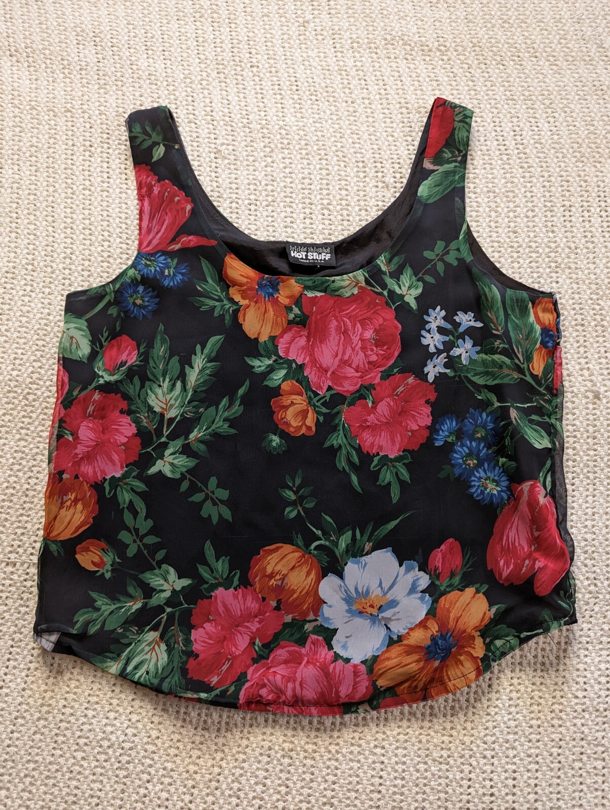 VTG 90s HOT STUFF Women’s Medium Tank Top Colorful Floral Chiffon Round Neck