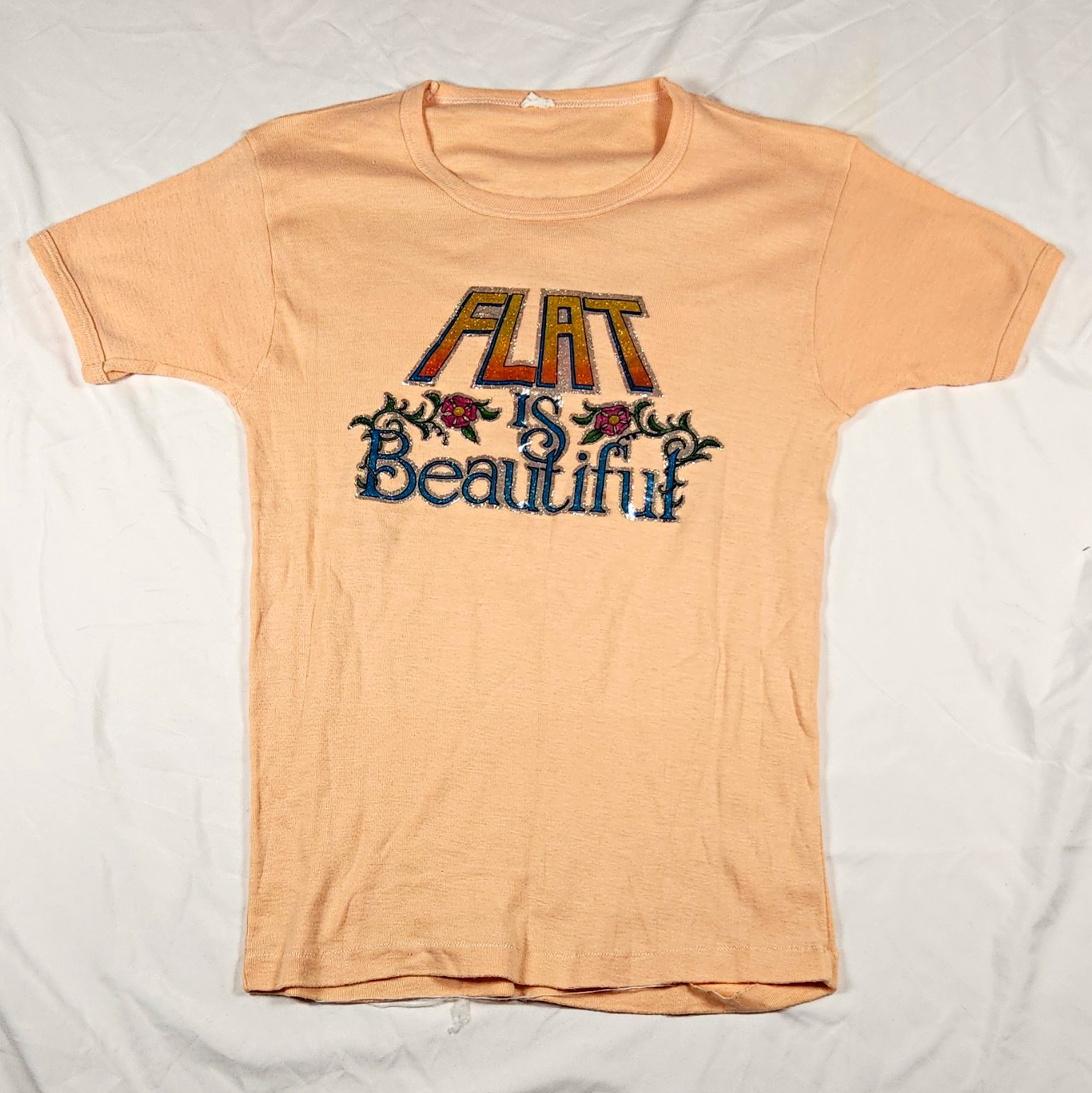 VTG 70s Flat Is Beautiful Sex Symbol Iron On Graphic T Shirt Women S Baby Tee