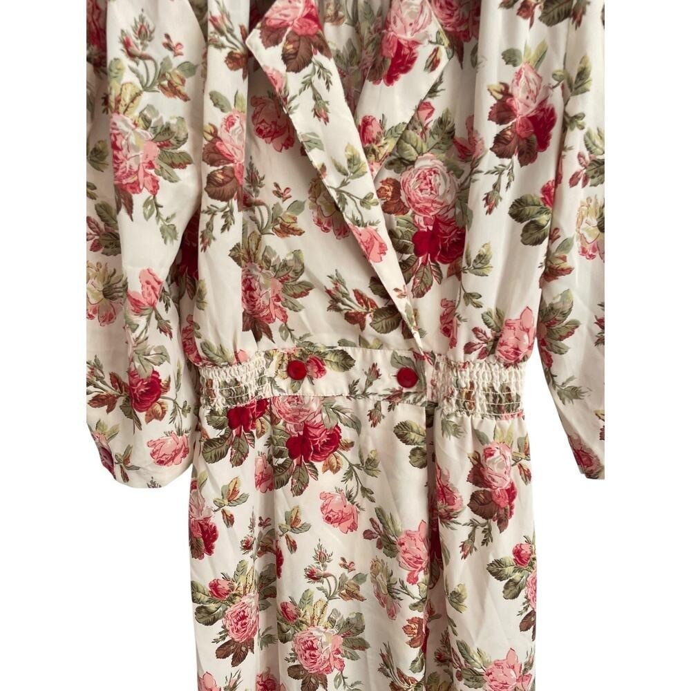 Vintage 80s Floral Cottagecore Midi Dress Women Size 11/12 Rose Print Prairie