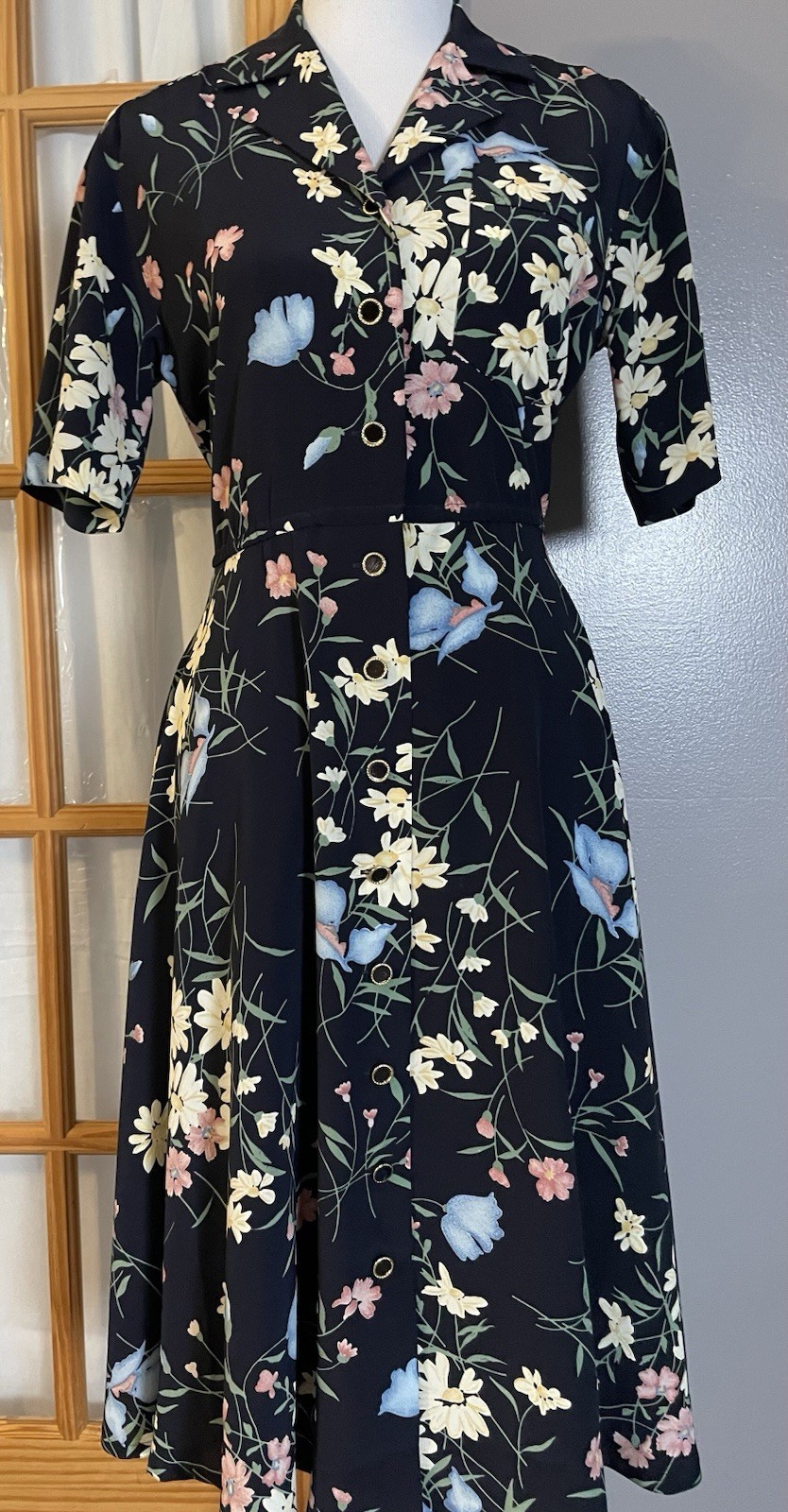 Vtg 80s Schrader Floral Midi Dress Sz PL Button Up Navy Yellow Prairie Cottage
