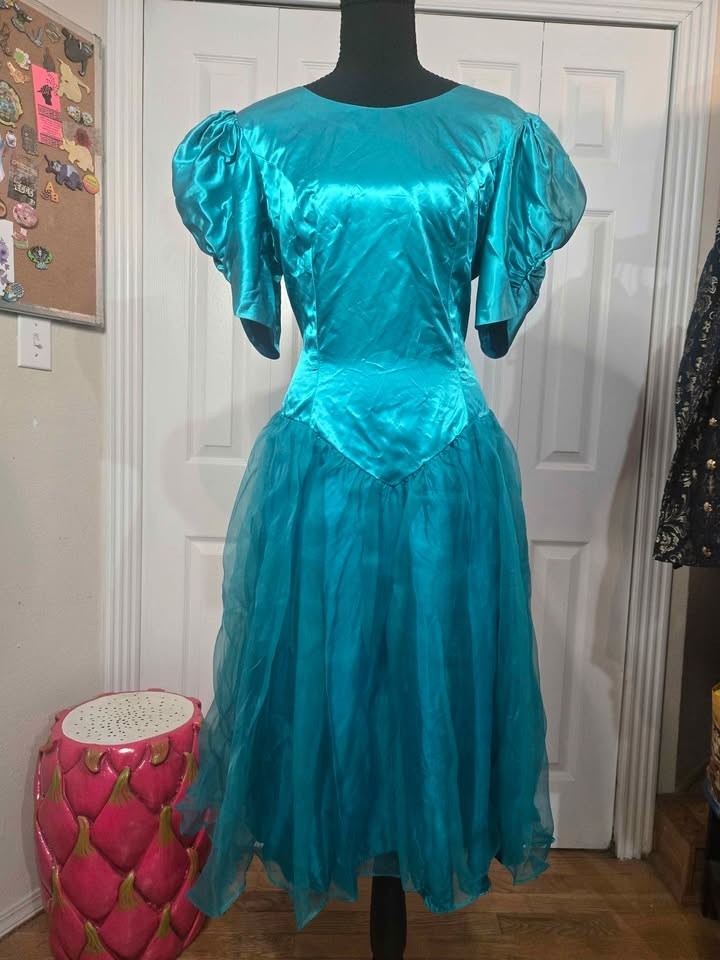 Vintage Turqoise/Teal Taffeta Tulle Satin Crinoline Dress Prom Tea Party Brunch