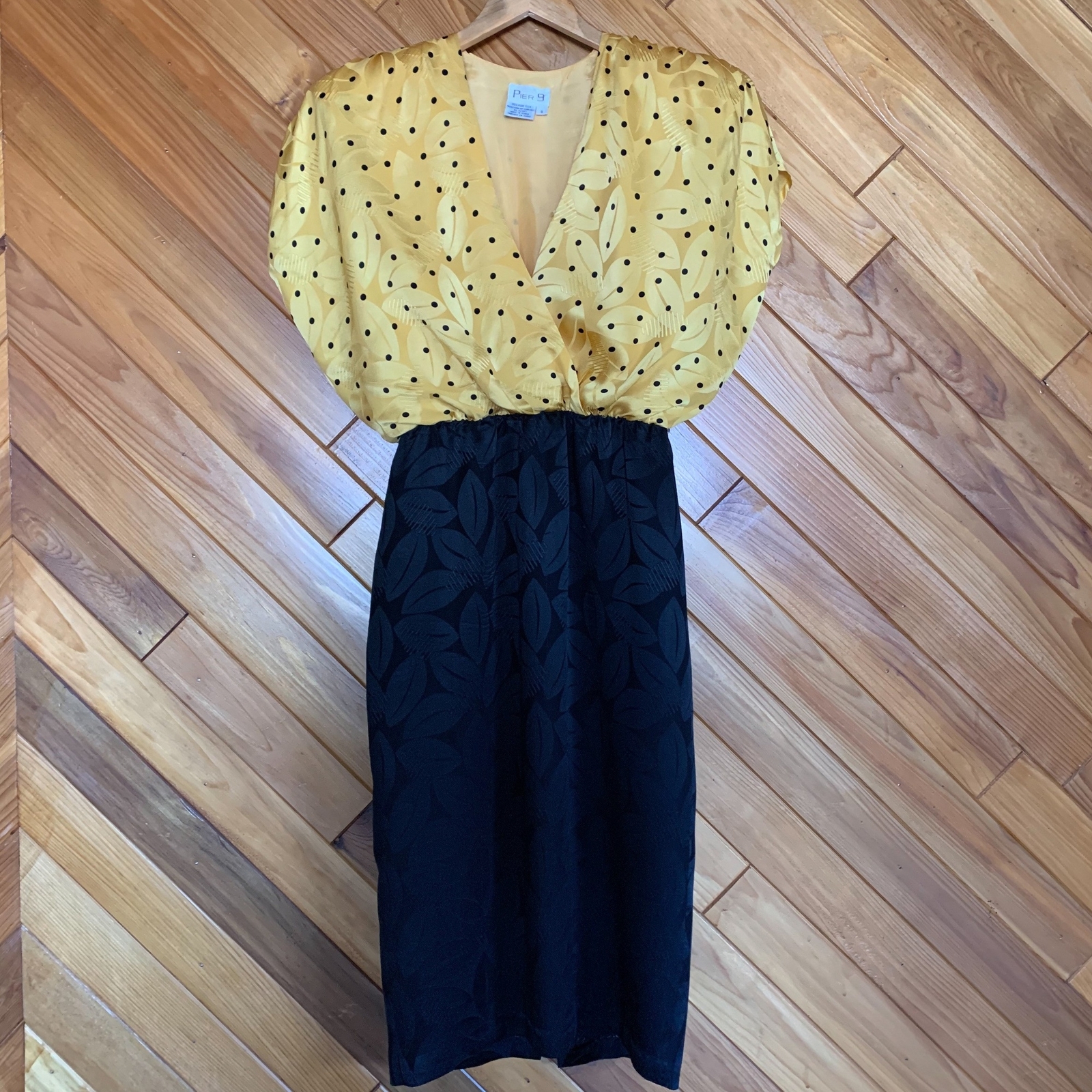 70s/80s Silk Black & Yellow polka dot and floral sheath dress