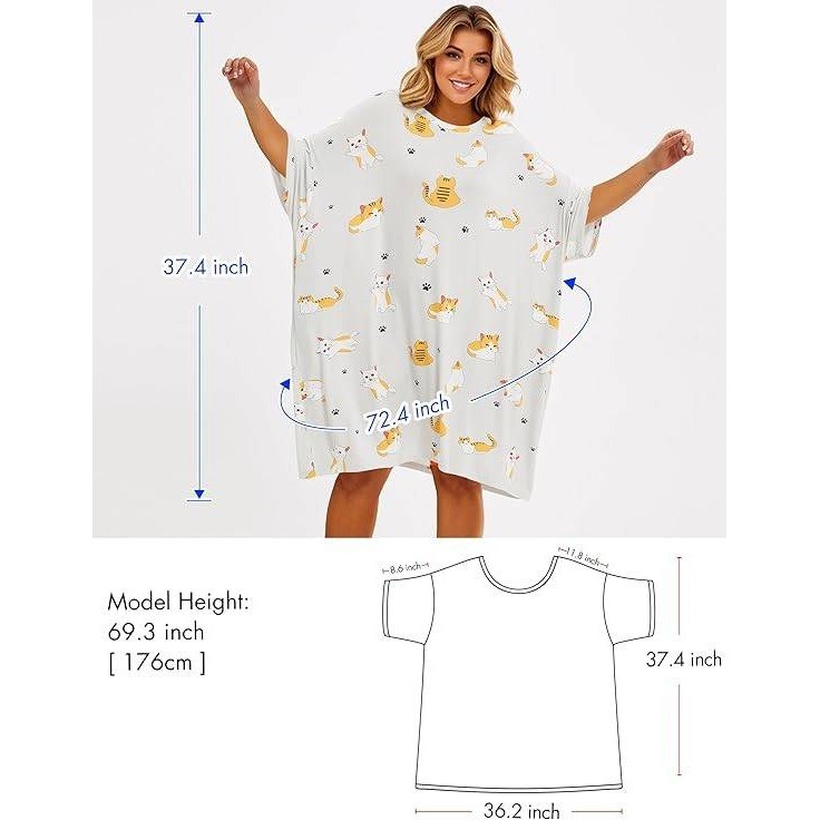 KFUBUO Plus Size Nightgowns for Women Grey Cat Fit S-5XL Oversized Sleep
