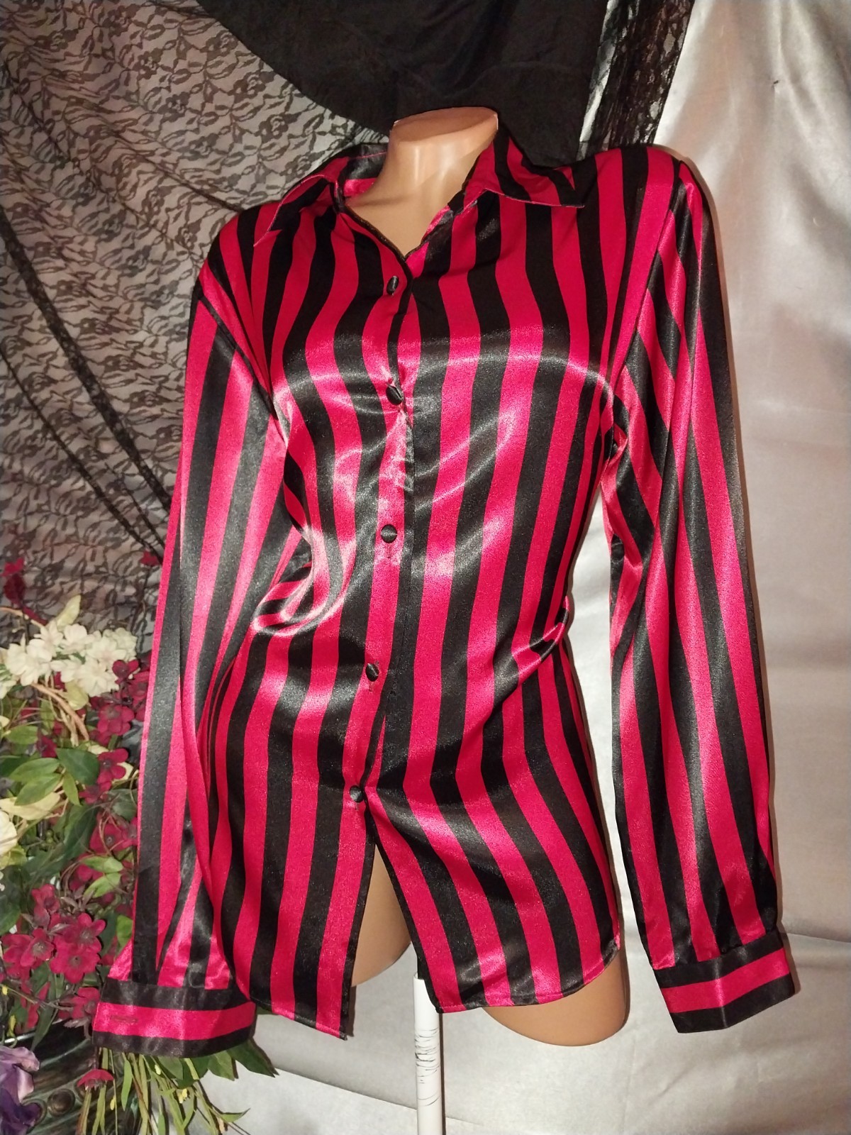 VTG SATIN SHINY NEW SZ 14 BUTTON UP NOTCH BLOUSE CHRISTIE JILL 42″ LUX