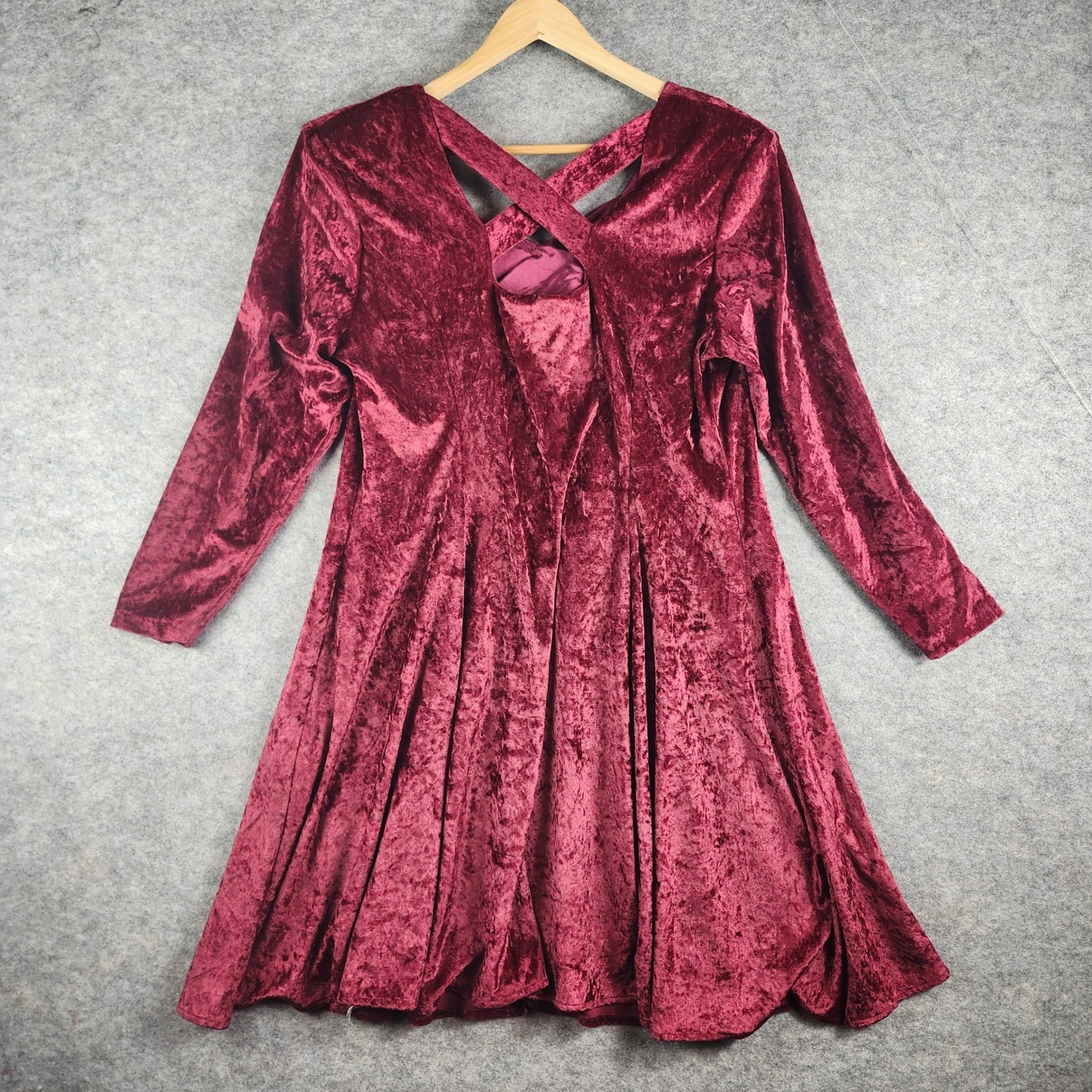 VTG Adrian Jordan Velvet Skater Dress Womens 14 Burgundy Criss Cross Back V-Neck