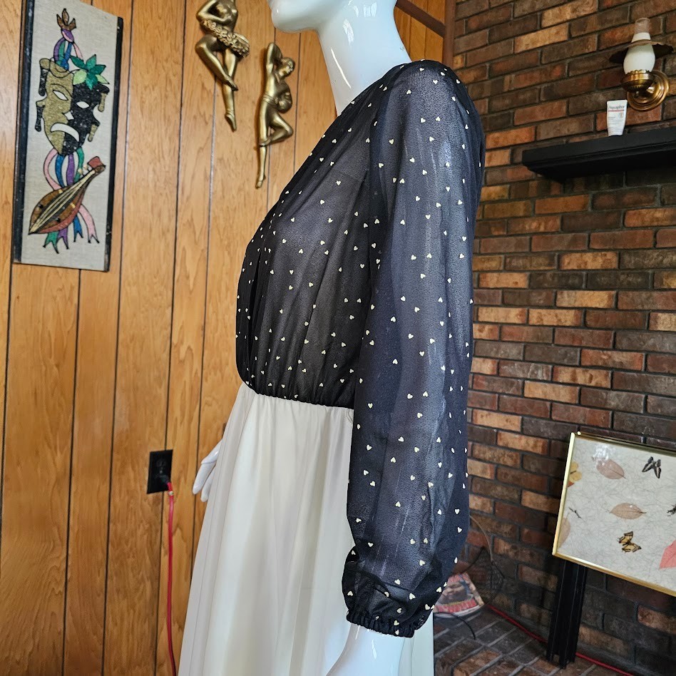 Vtg 70s Disco Hearts Print Bishop Sleeve Blouson Studio 54 Swing Dress XS/S/M