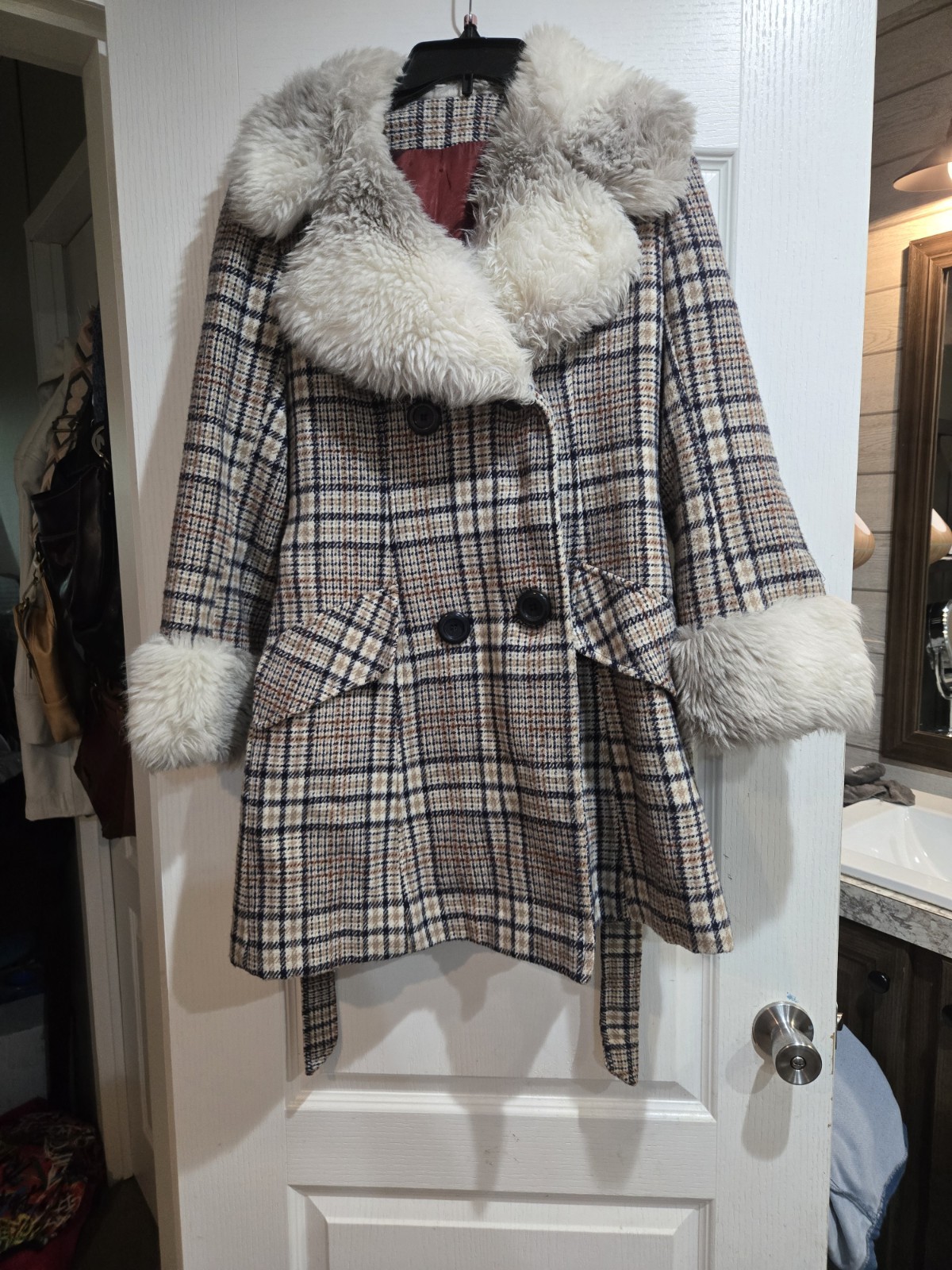 Vintage 1970s ILGWU Union Made Plaid Coat With Fur Cuffs