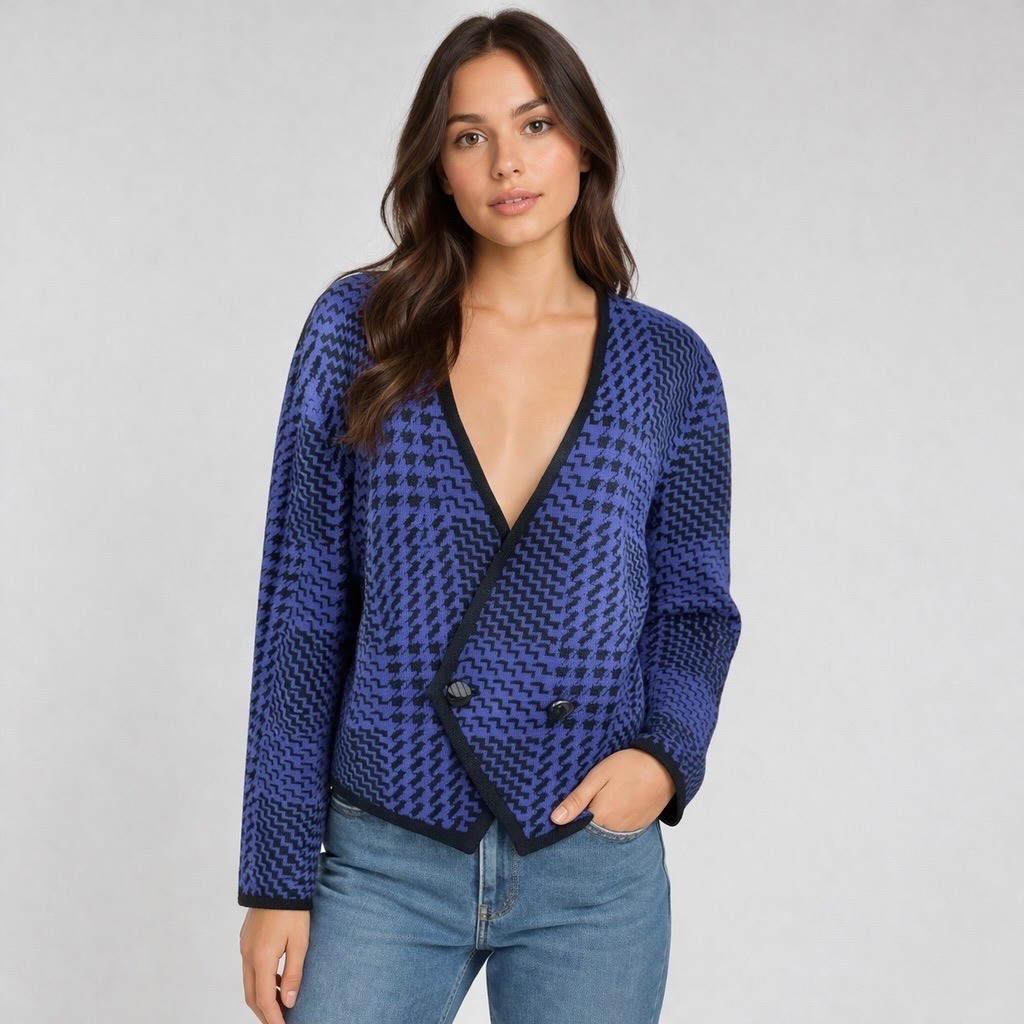 Ciao Ltd Vintage Cardigan Womens Large Blue Black Houndstooth Wool Blend Knit
