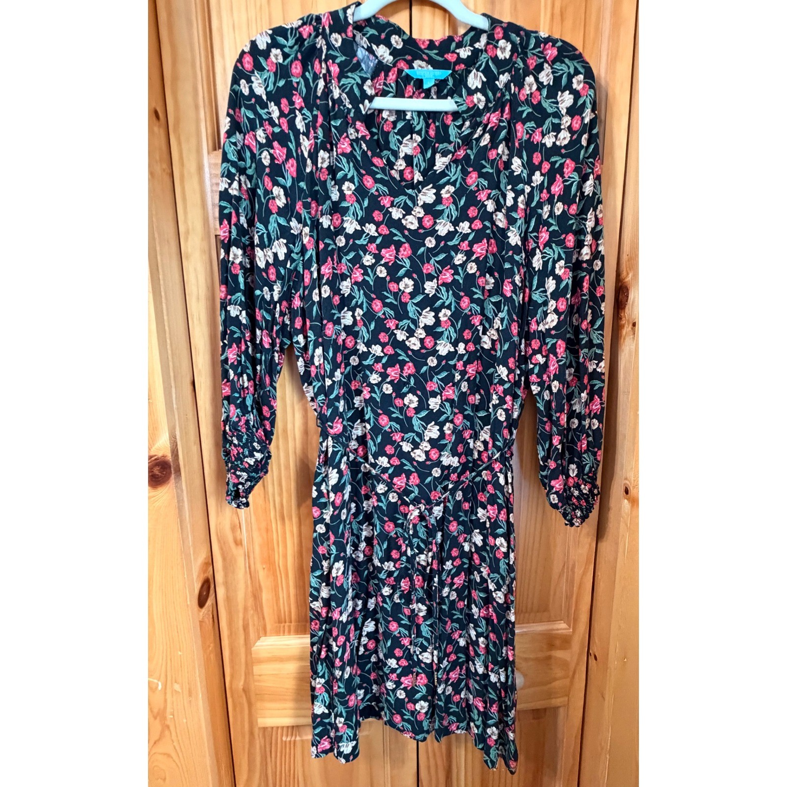 Draper James RSVP Floral Long Sleeve Mini Dress Womens L Black Cottagecore Boho