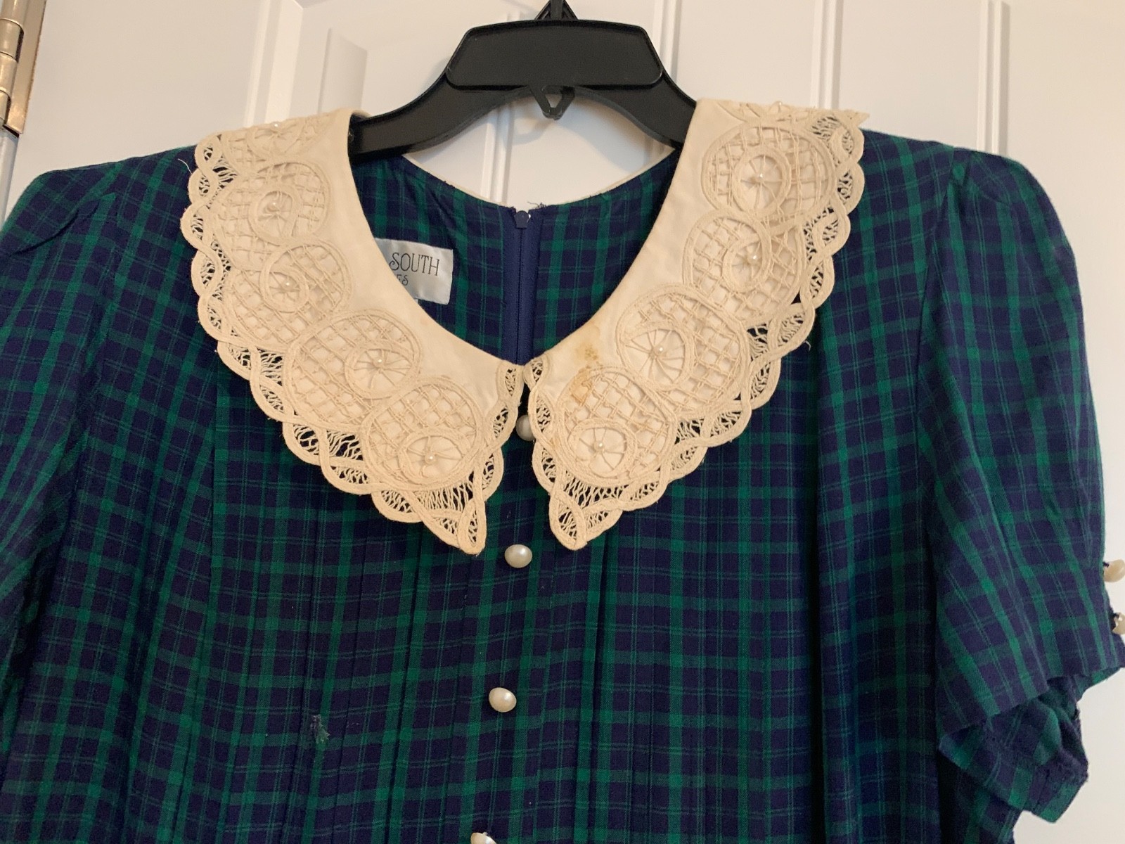 Plaza South Dress Size 14Blue Green Plaid Lace Academia Victorian Grannycore Vgt