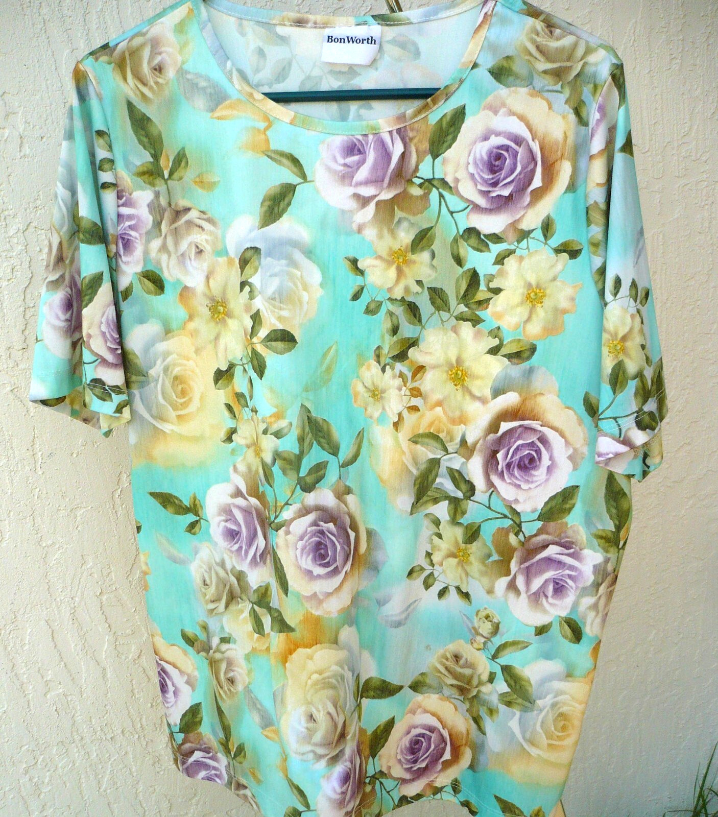 VTG USA BON WORTH L WILD YELLOW PURPLE ROSES GREEN BLOUSE FLORAL SHORT SLV WOMEN