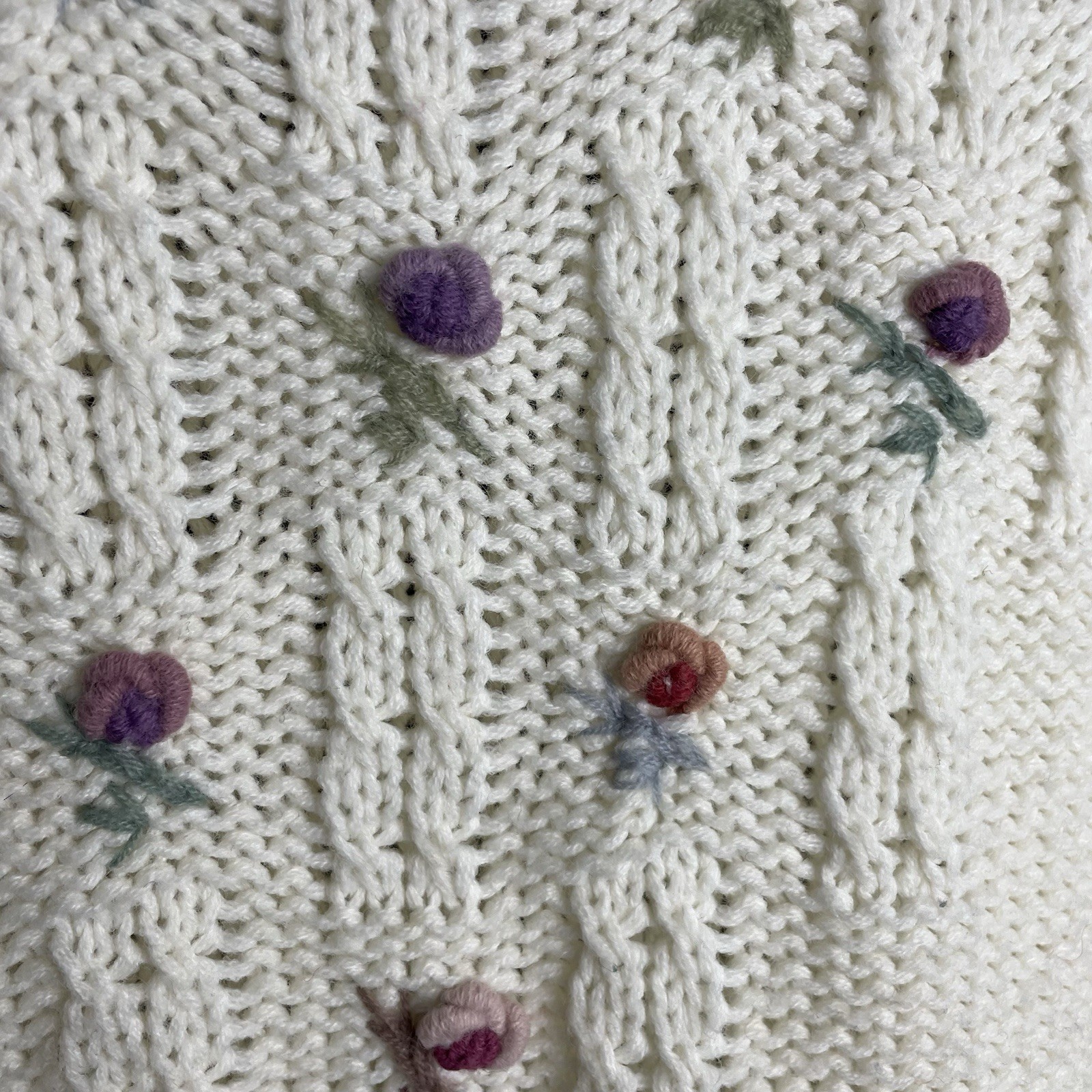 Vintage Mariea Kim Knit Grandma Sweater White Knit Floral Fitted Cottagecore
