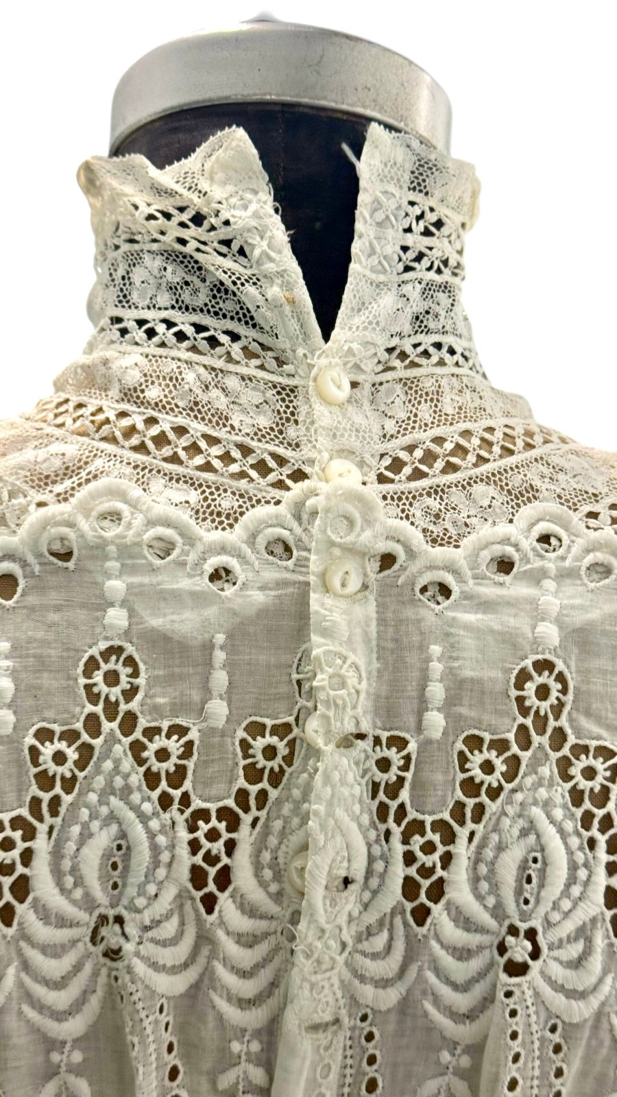 Antique Edwardian White Cotton Eyelet Lace Lawn Dress Small
