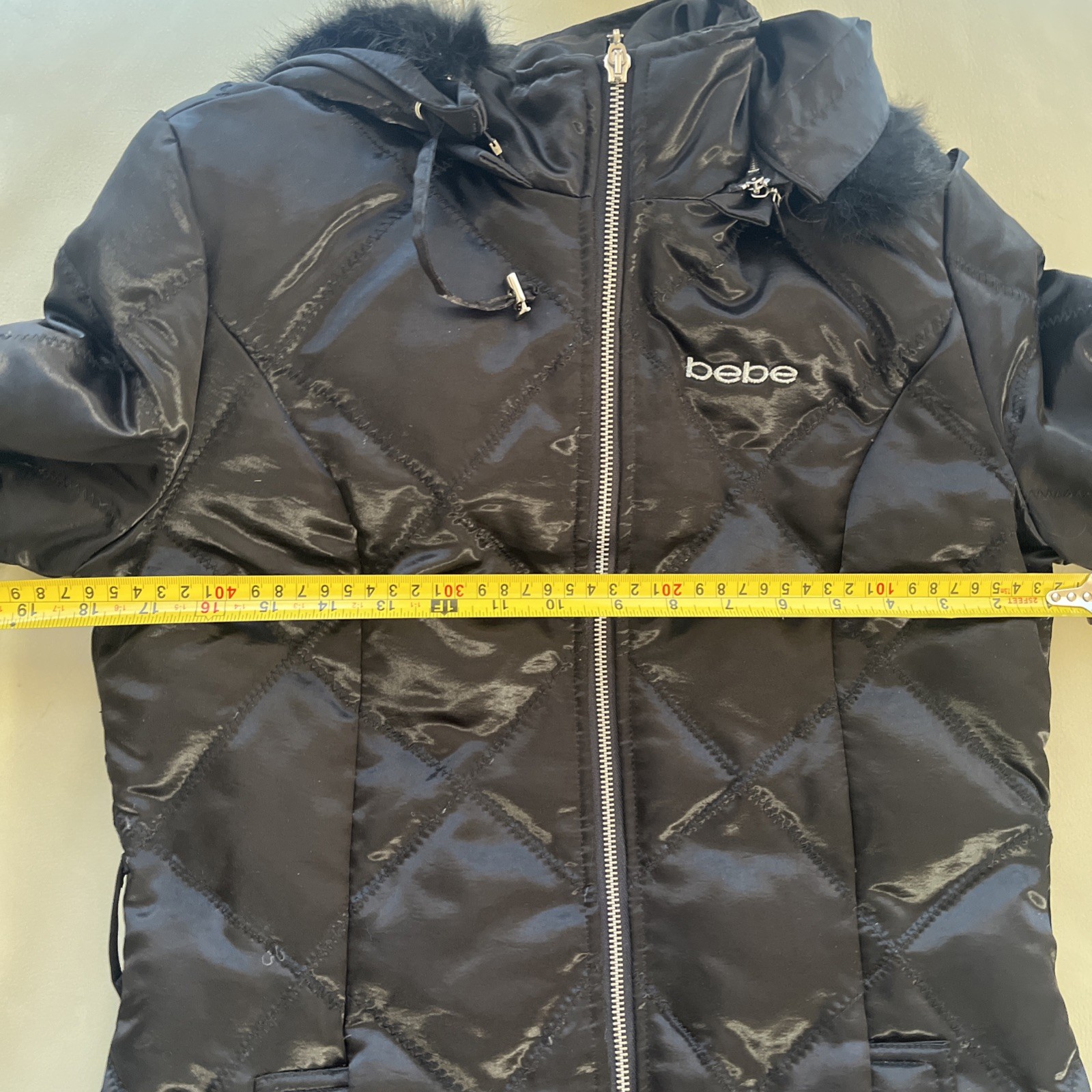 Y2k 2000s 00s Bebe Black Puffer Fur Hood Down Filled Satin Jacket Small/Medium