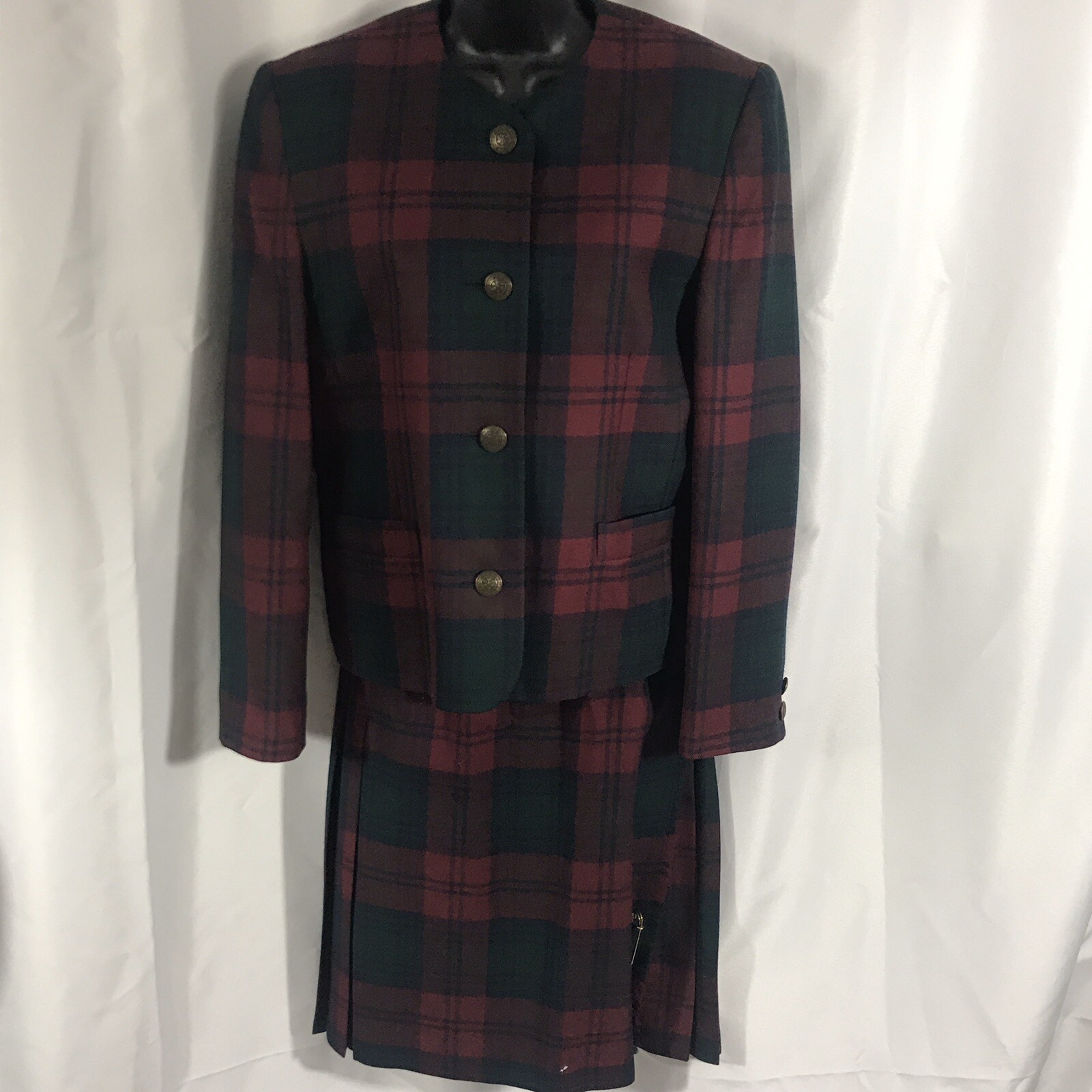 Pitlochry Scotland Kilt Style Tartan Skirt Jacket Size 12 Dark Red Green Tartan