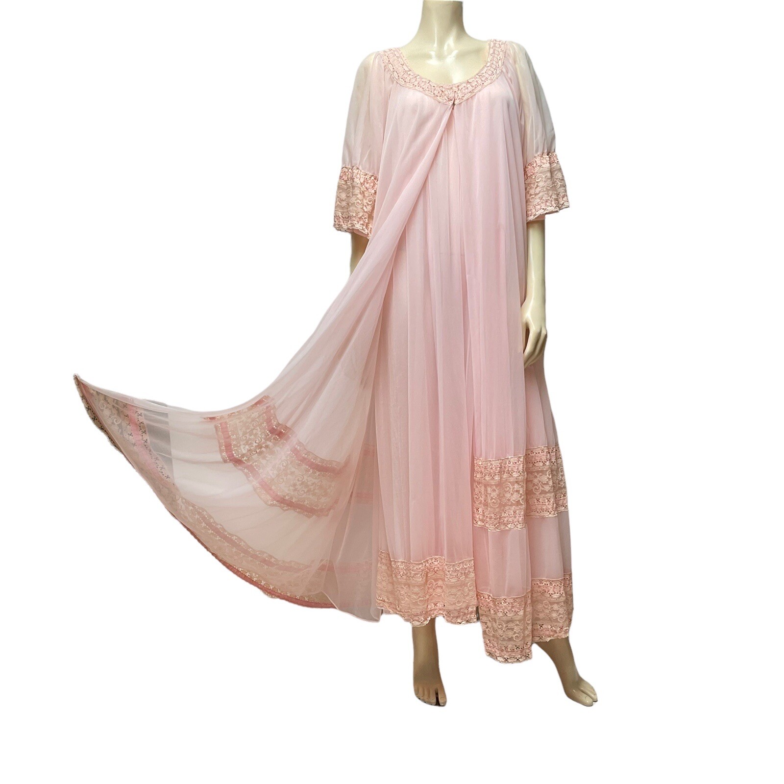 Vtg Intime California Peignoir Set Pink Nightgown Double Chiffon Robe Nylon Lace