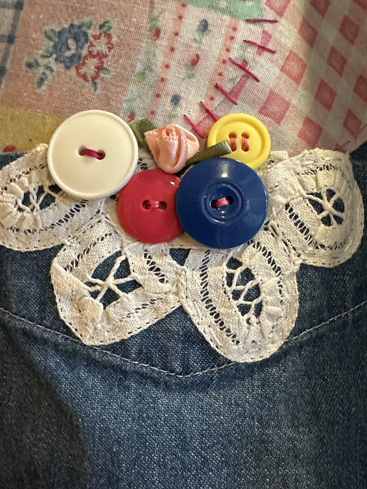 Vtg Western Country 90s Patchwork Denim Top Appliqué Hearts Buttons Lace Large