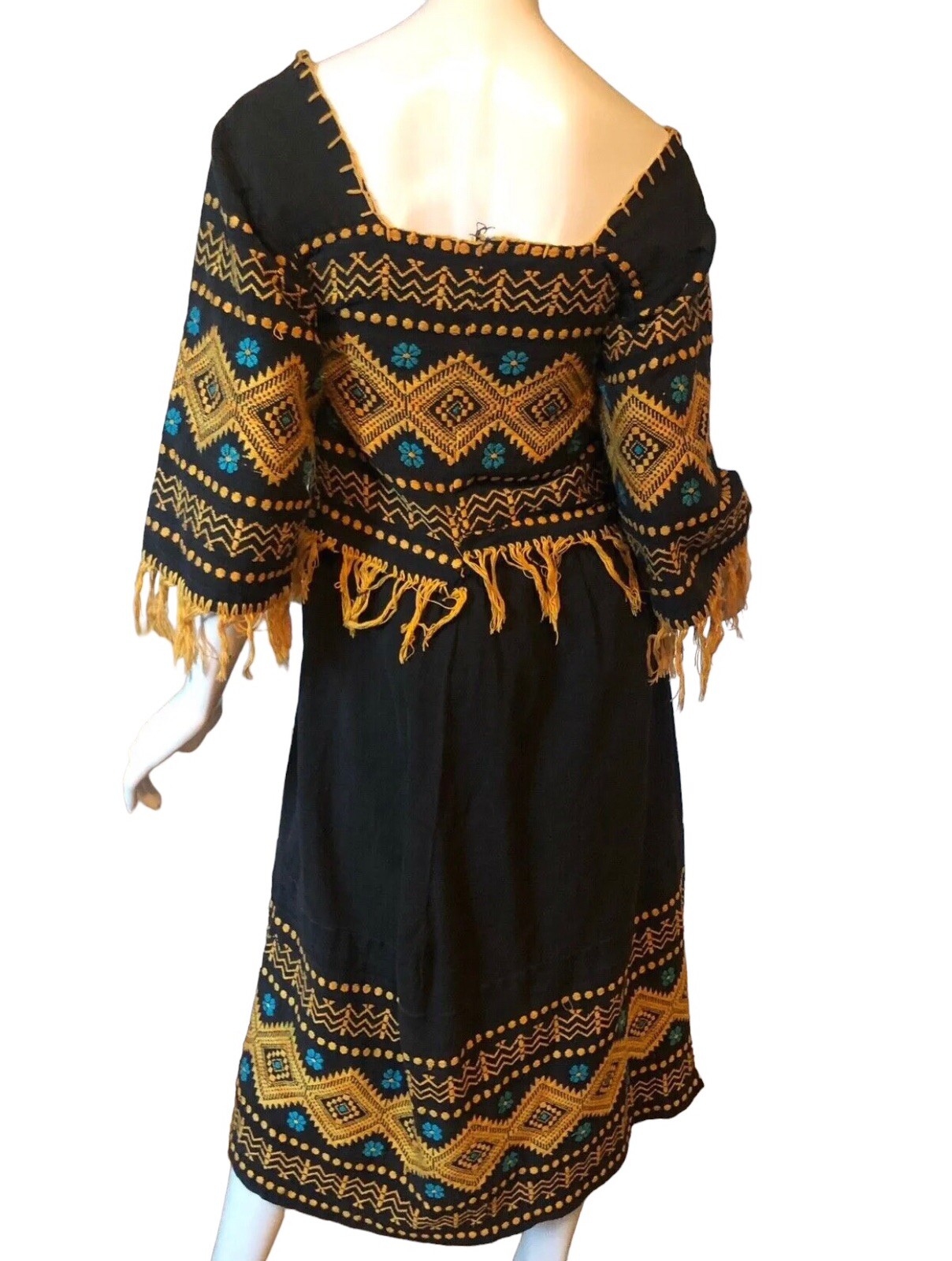 Dress M Vtg 70s Cotton EMBROIDERED FLORAL FRINGE Ethnic BOHO Mexican MIDI OOAK
