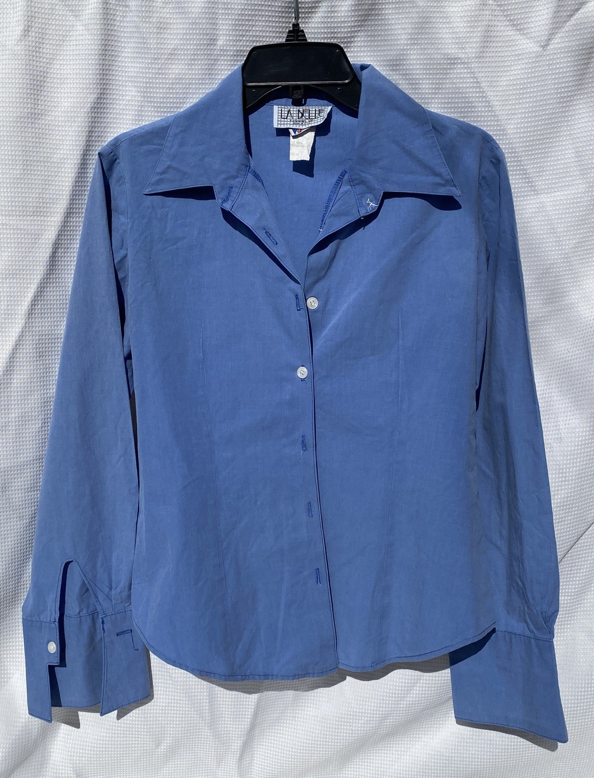 Vintage Ladies Button Up Blouse 100% Cotton By La Belle Size M Light Blue