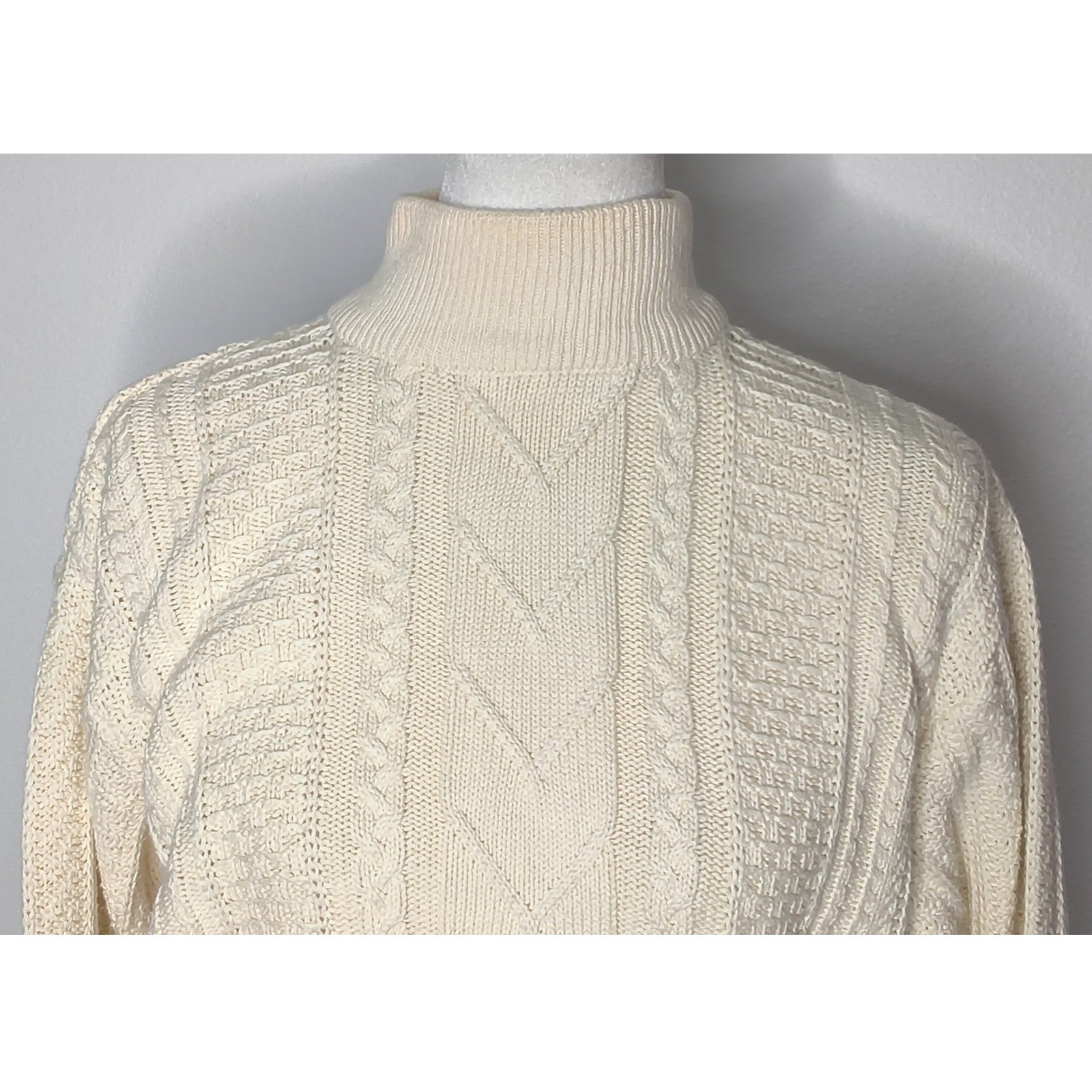 Cropped Fisherman Sweater Women Small Cream Vintage Soft Cable Mock Neck