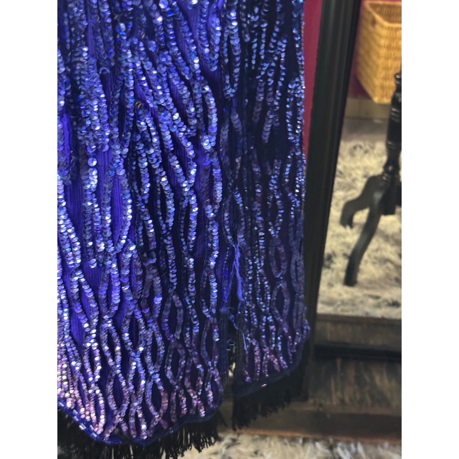 Vintage Blue Sequin Cocktail dress V-Neck Keyhole Back Fringe Hem Sleeveless