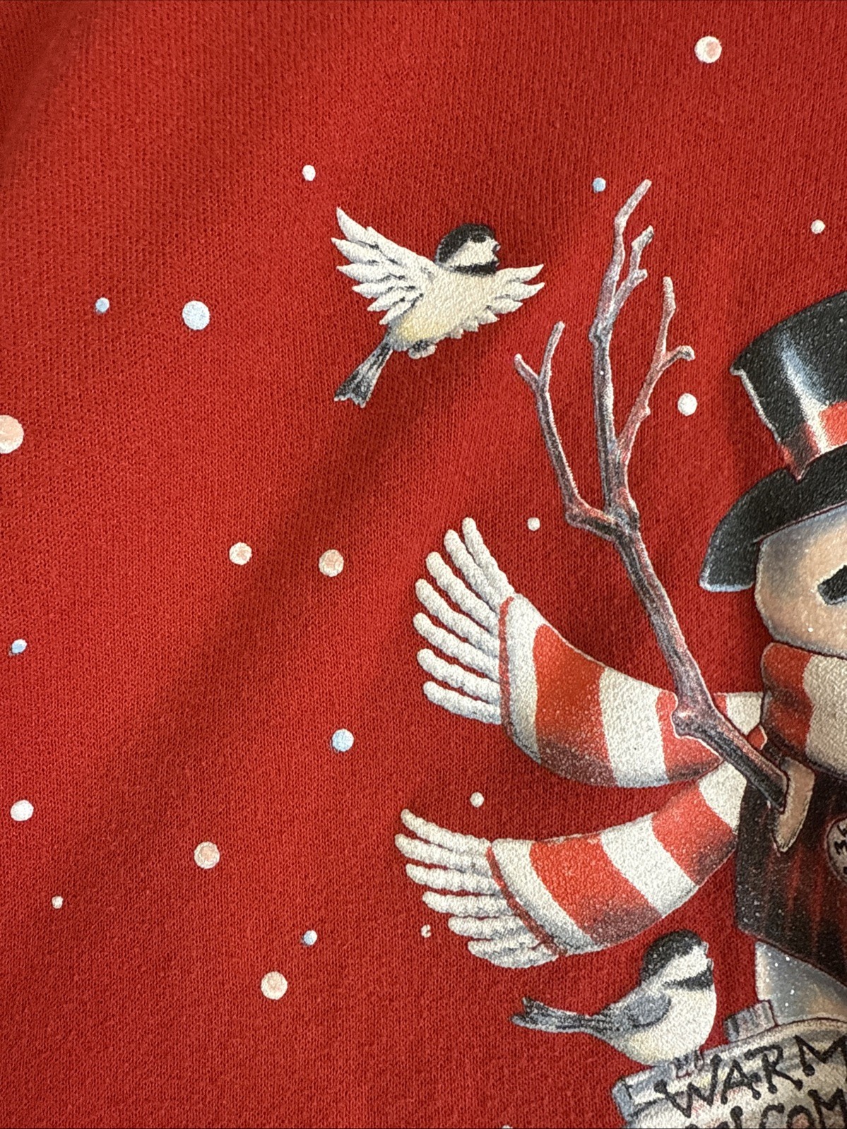 Morning Sun Vintage Crewneck Pullover Sweatshirt Large Snowman Birds Christmas