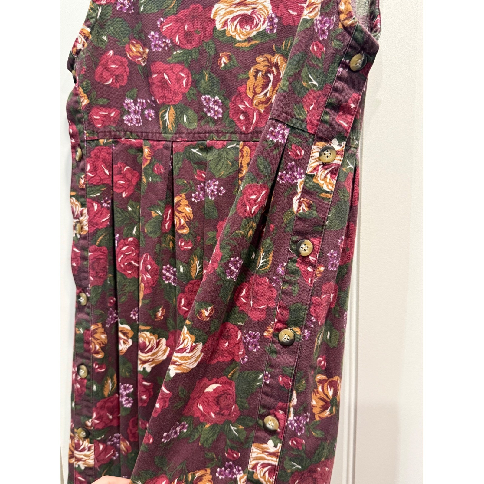 Vintage Pierre Cardin Floral Cotton Pinafore Jumper Dress Burgundy Rose Small