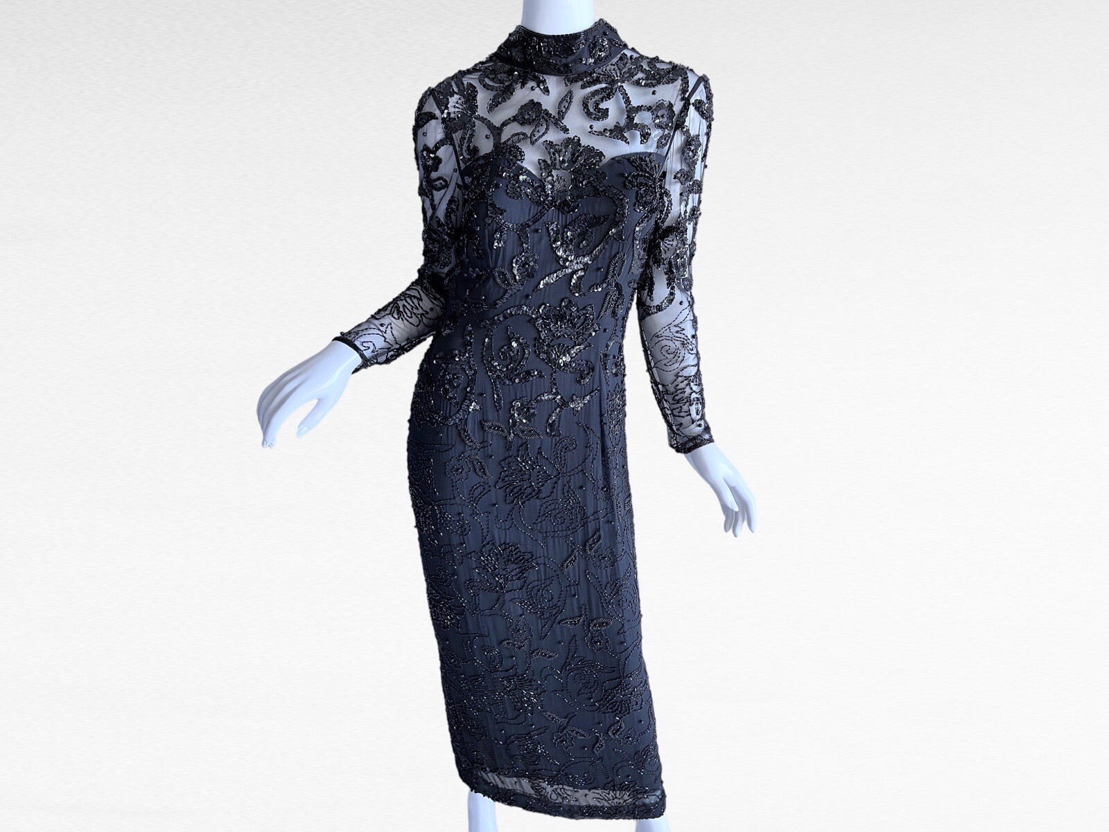 1980s Black Sequin Beaded Victorian Edwardian Goth Evening Dress Medium