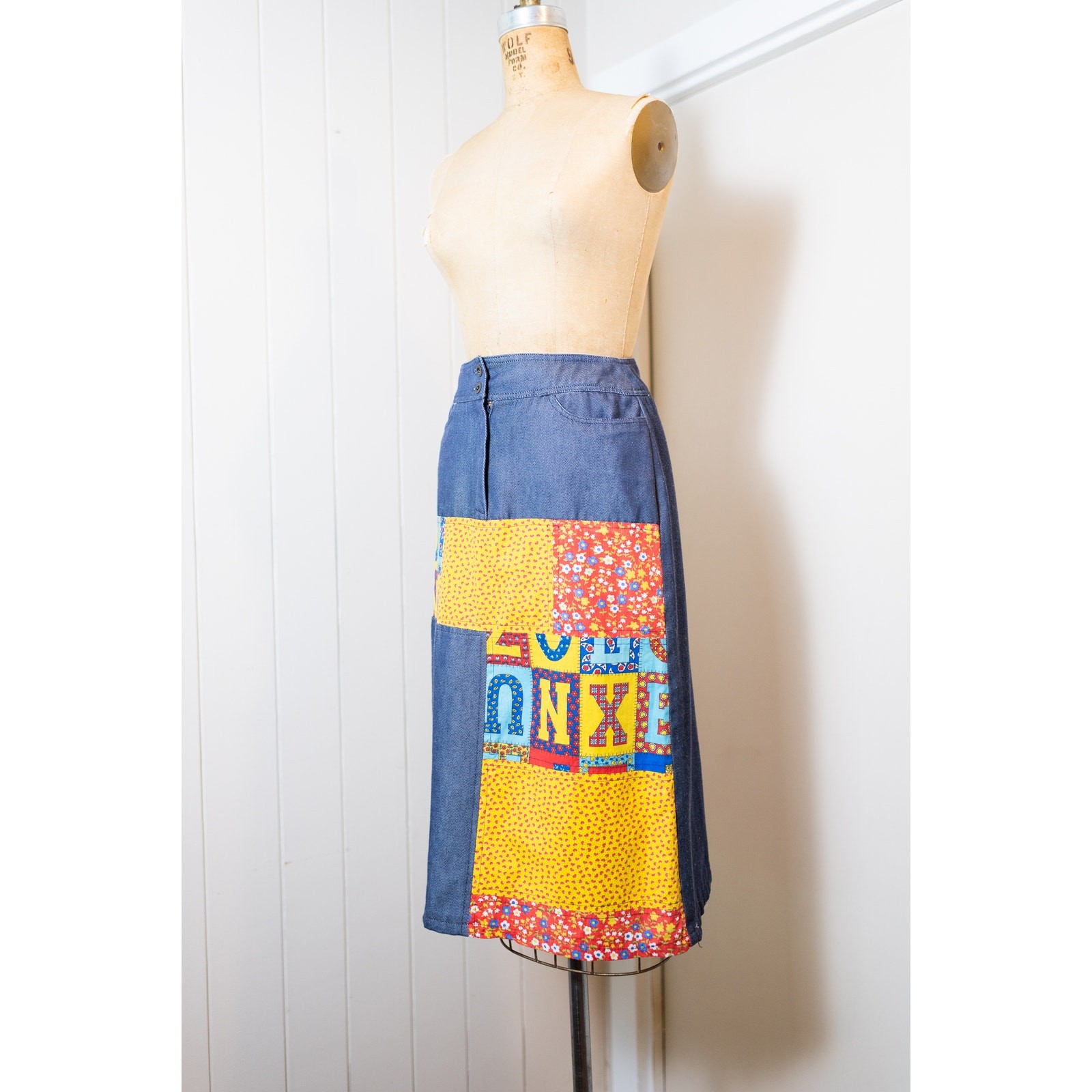 Vintage 70s Patchwork Alphabet Skirt, Colorful Chambray A-Line, Boho Artsy Small